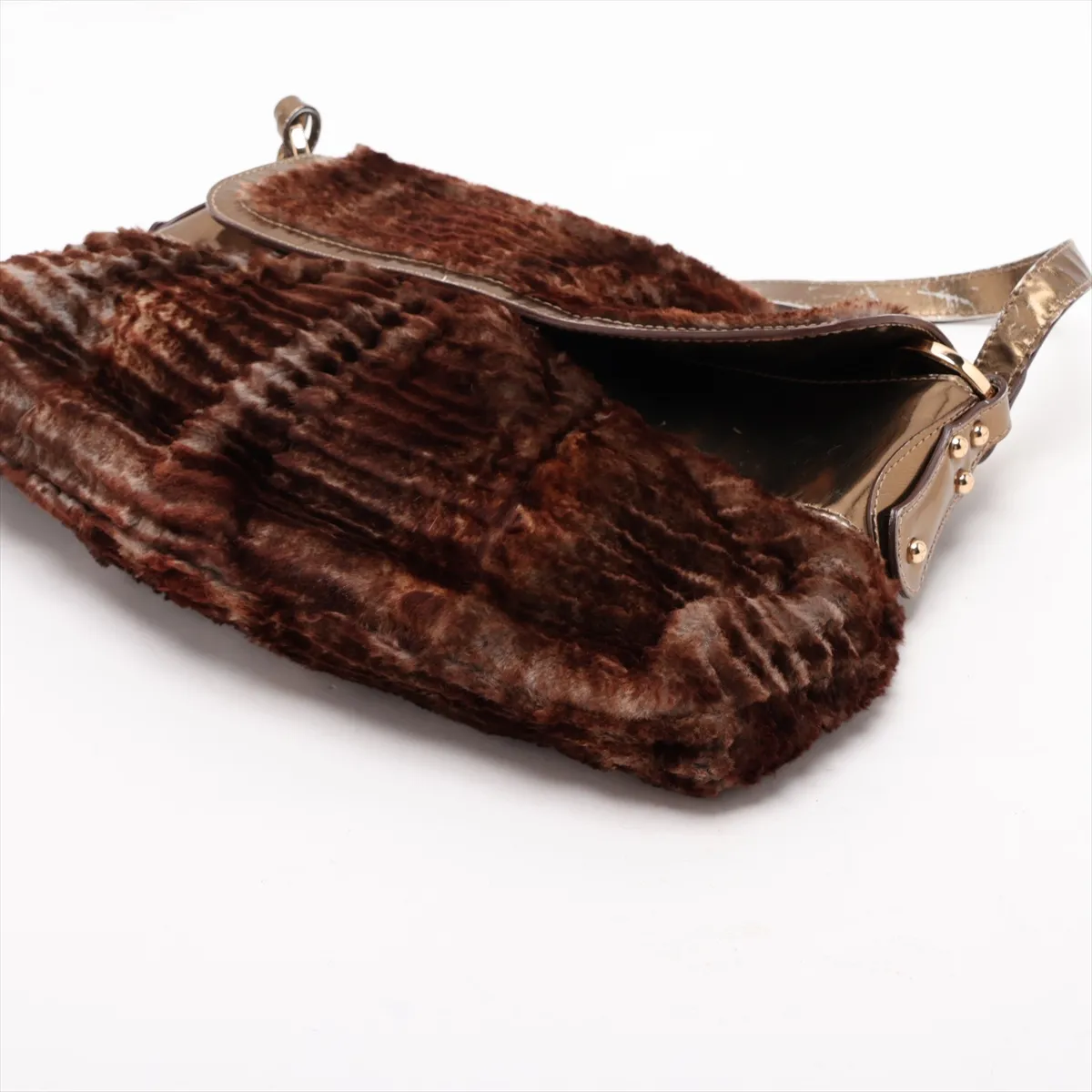 Fur and Patent Leather Shoulder Bag, Brown, 8BR445 — view 3