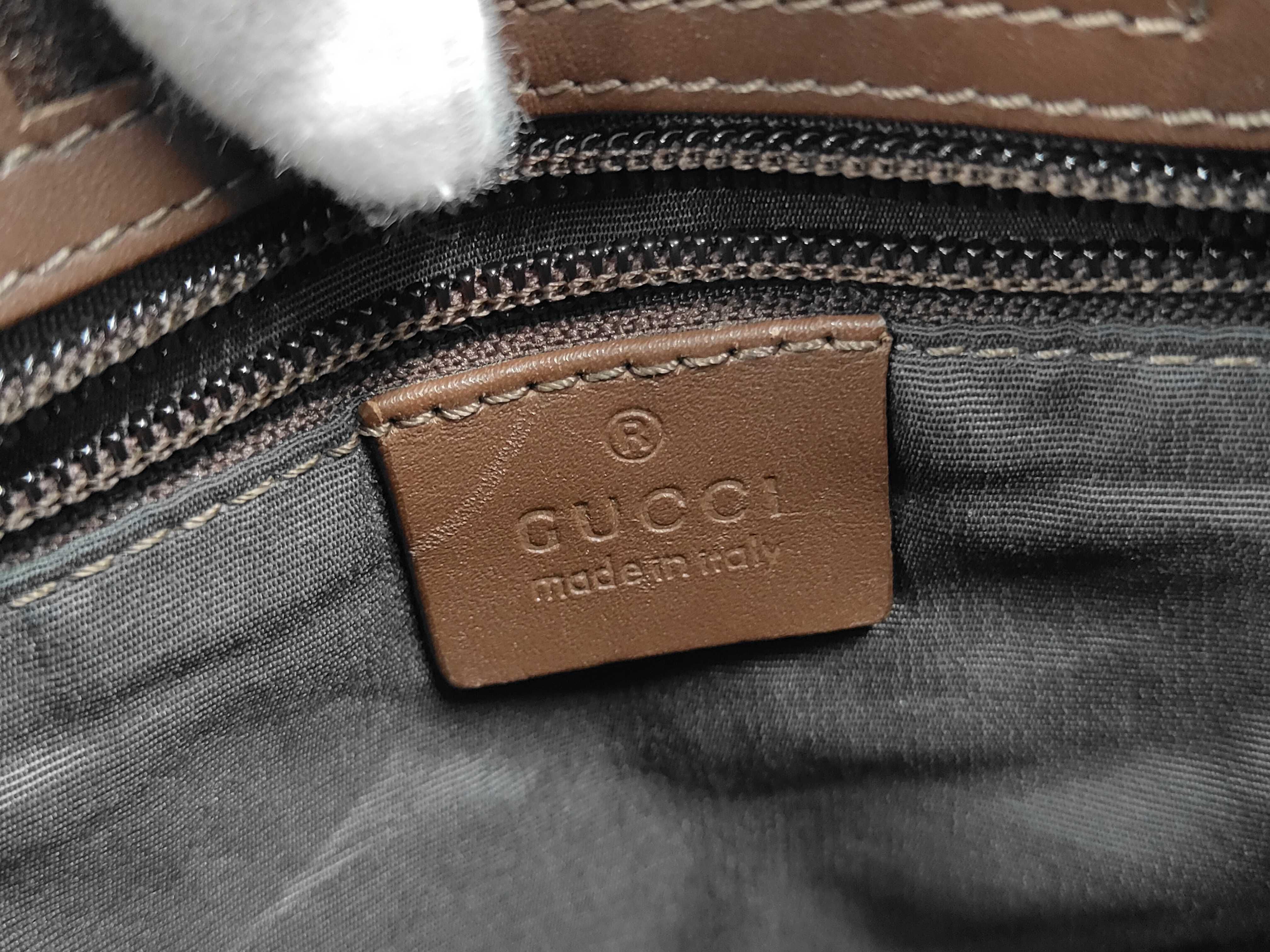 shoulder bag with logo plate, GG pattern, canvas and leather, 019 0348, brown. — view 8