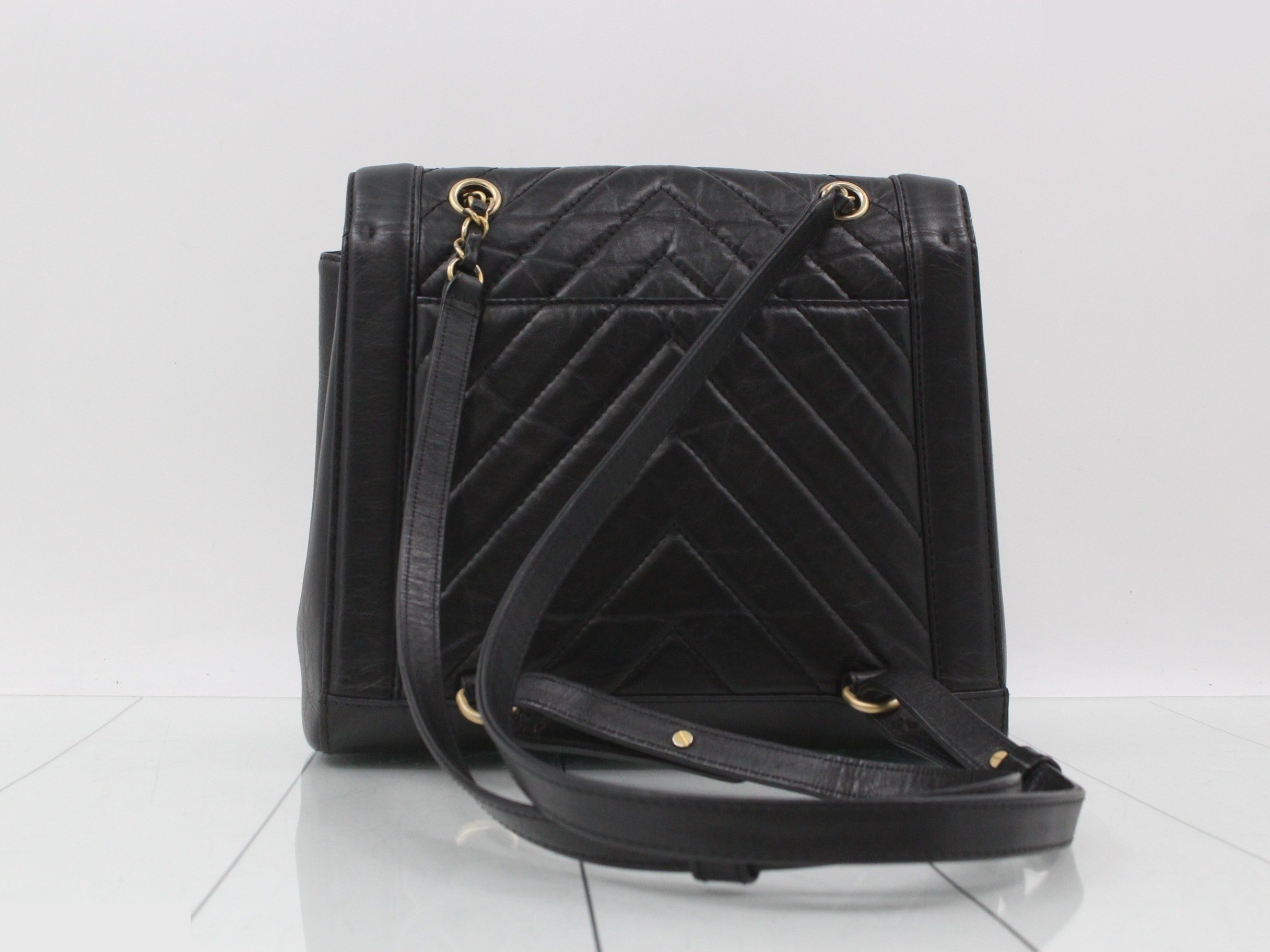 V-stitch lambskin/leather chain backpack, black — view 2