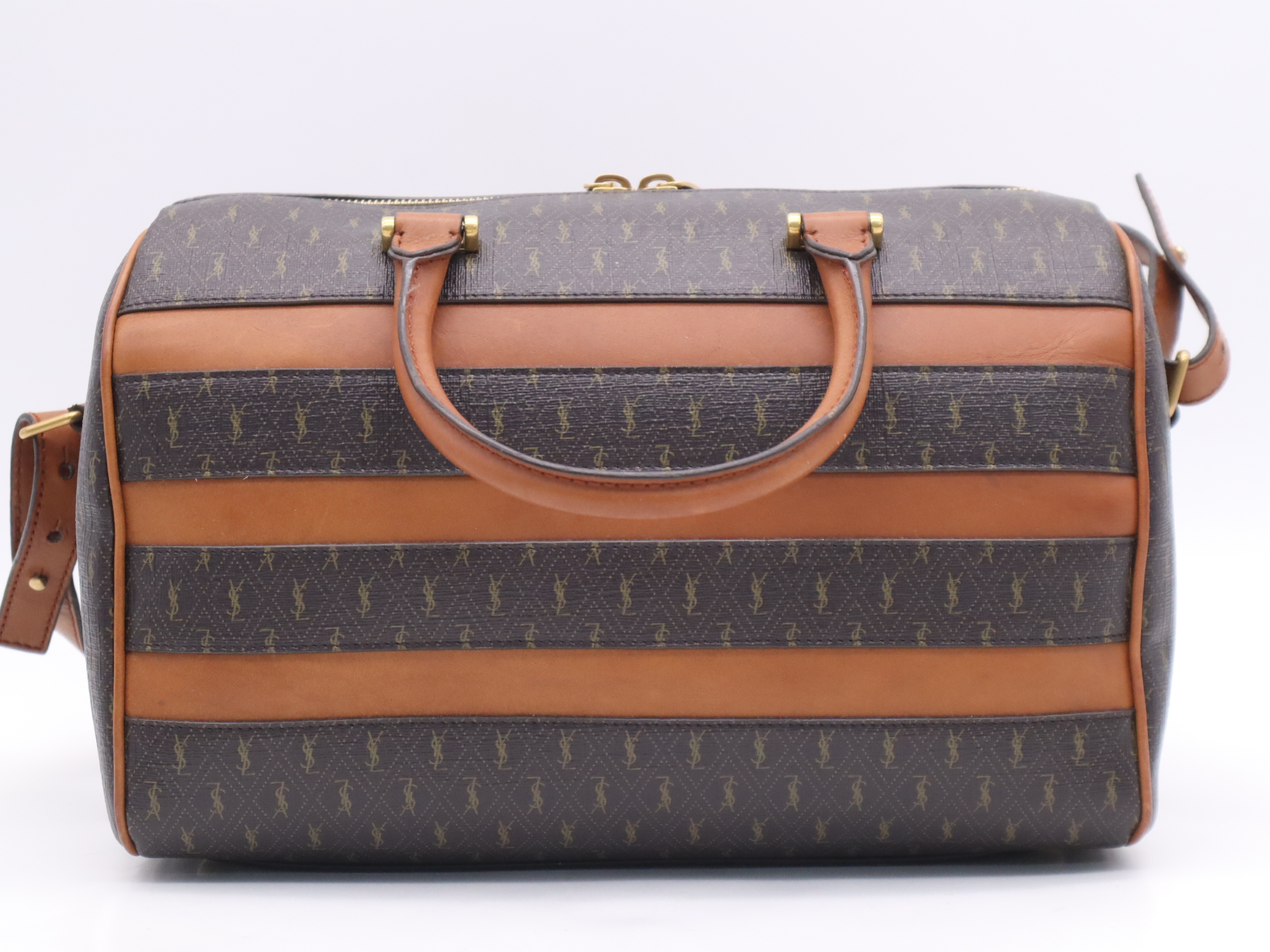 Canvas/Leather Baby Duffle Bag, Brown/Light Brown, Gold Hardware, with Shoulder Strap, Handbag — view 2
