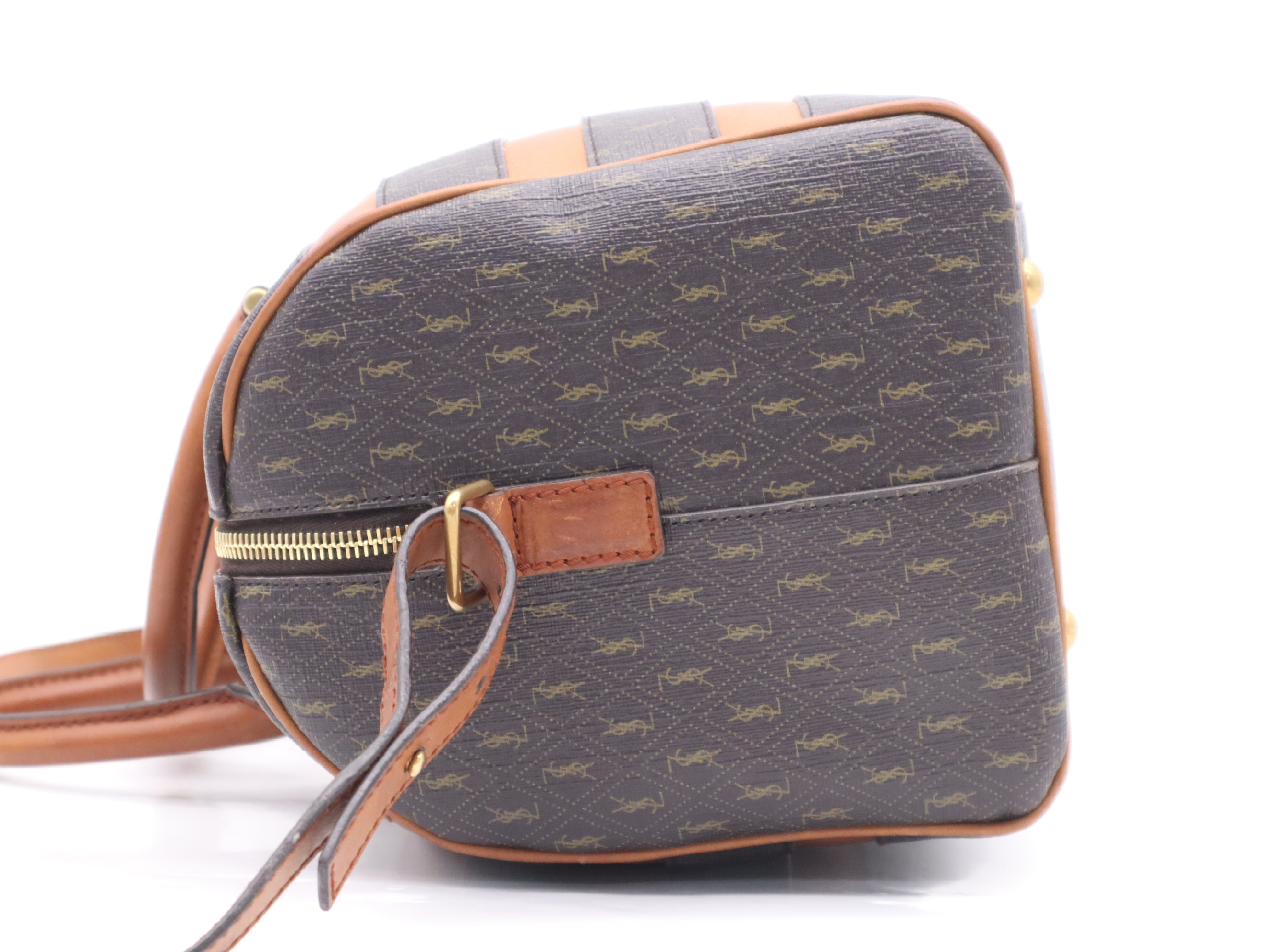 Canvas/Leather Baby Duffle Bag, Brown/Light Brown, Gold Hardware, with Shoulder Strap, Handbag — view 3