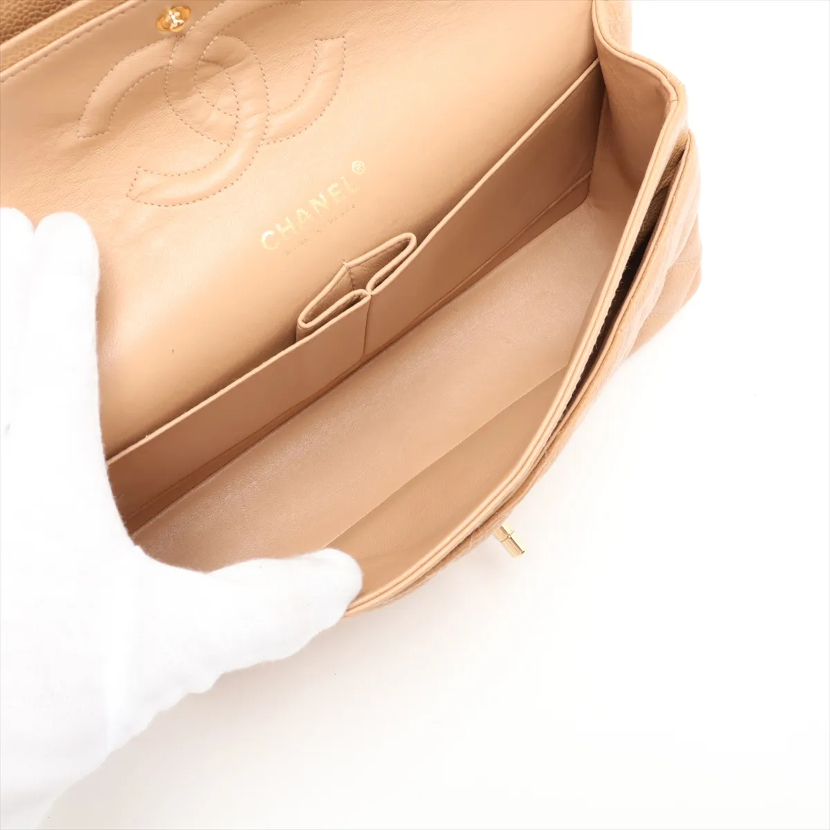 [Individually packaged] Chanel Matelassé 25 Caviar Skin Double Flap Double Chain Bag Beige Gold Hardware 8666507 Series 8 — view 7