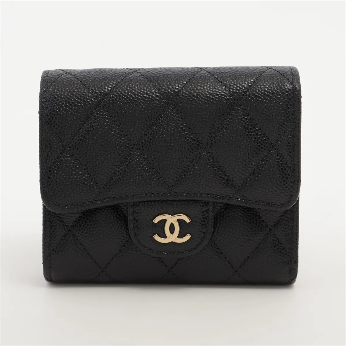 Matelassé Caviar Skin Compact Wallet, Black with Gold Hardware, GECUX4N6