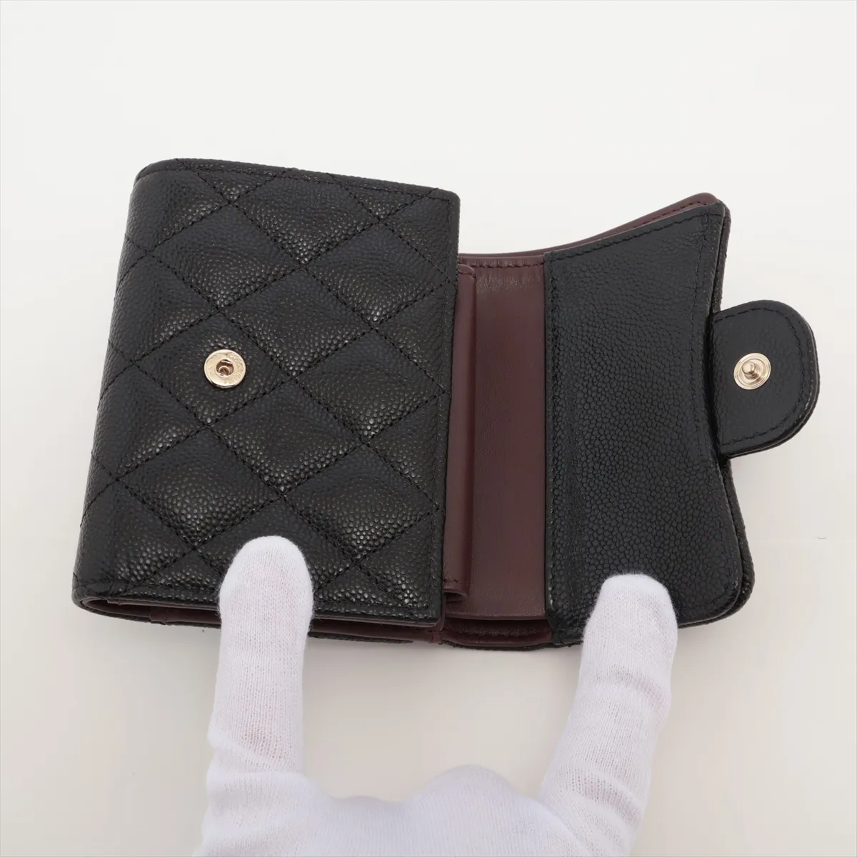 Matelassé Caviar Skin Compact Wallet, Black with Gold Hardware, GECUX4N6 — view 3