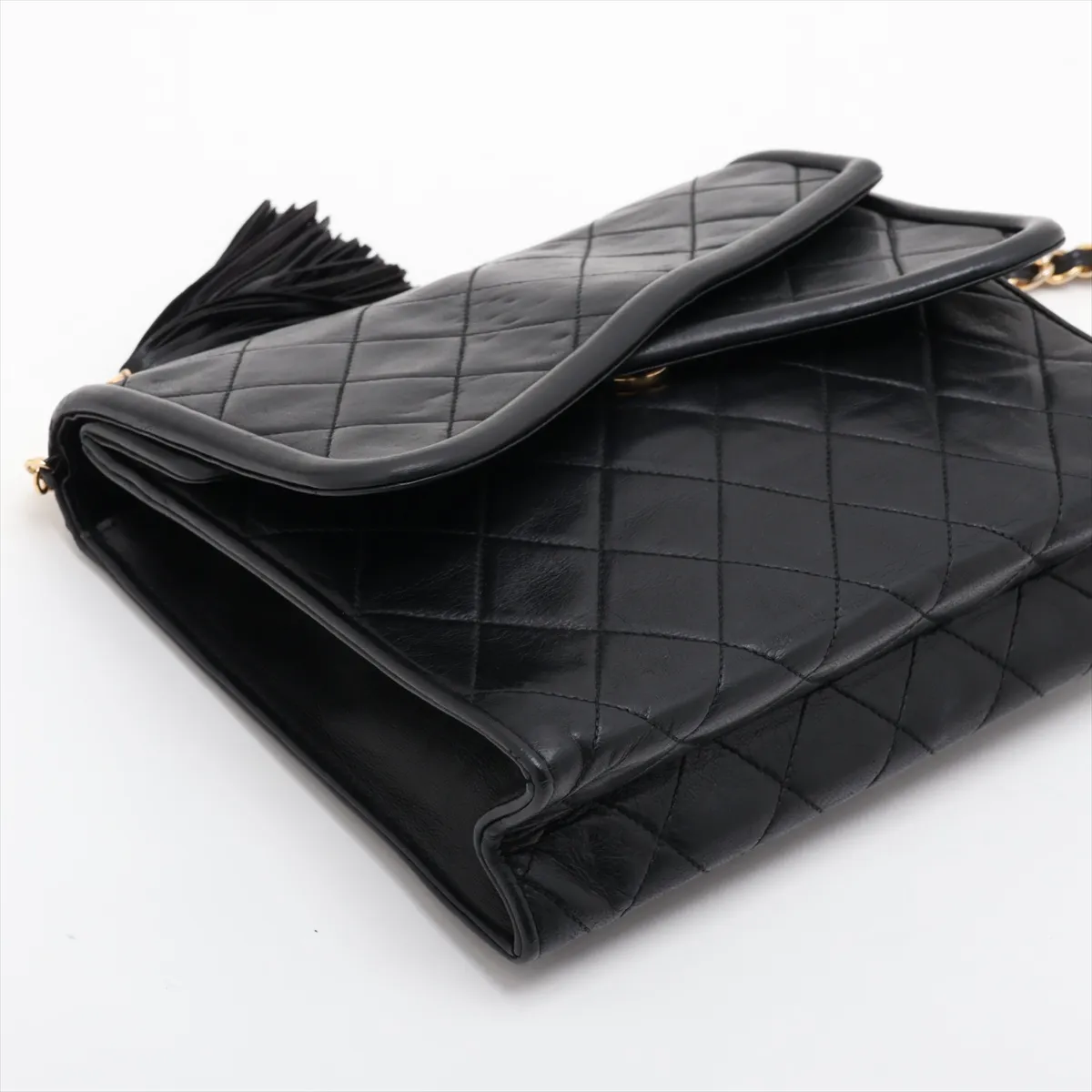 Matelassé Lambskin Double Flap Single Chain Bag with Fringe, Black, Gold Hardware, Item No. 1295854 — view 4