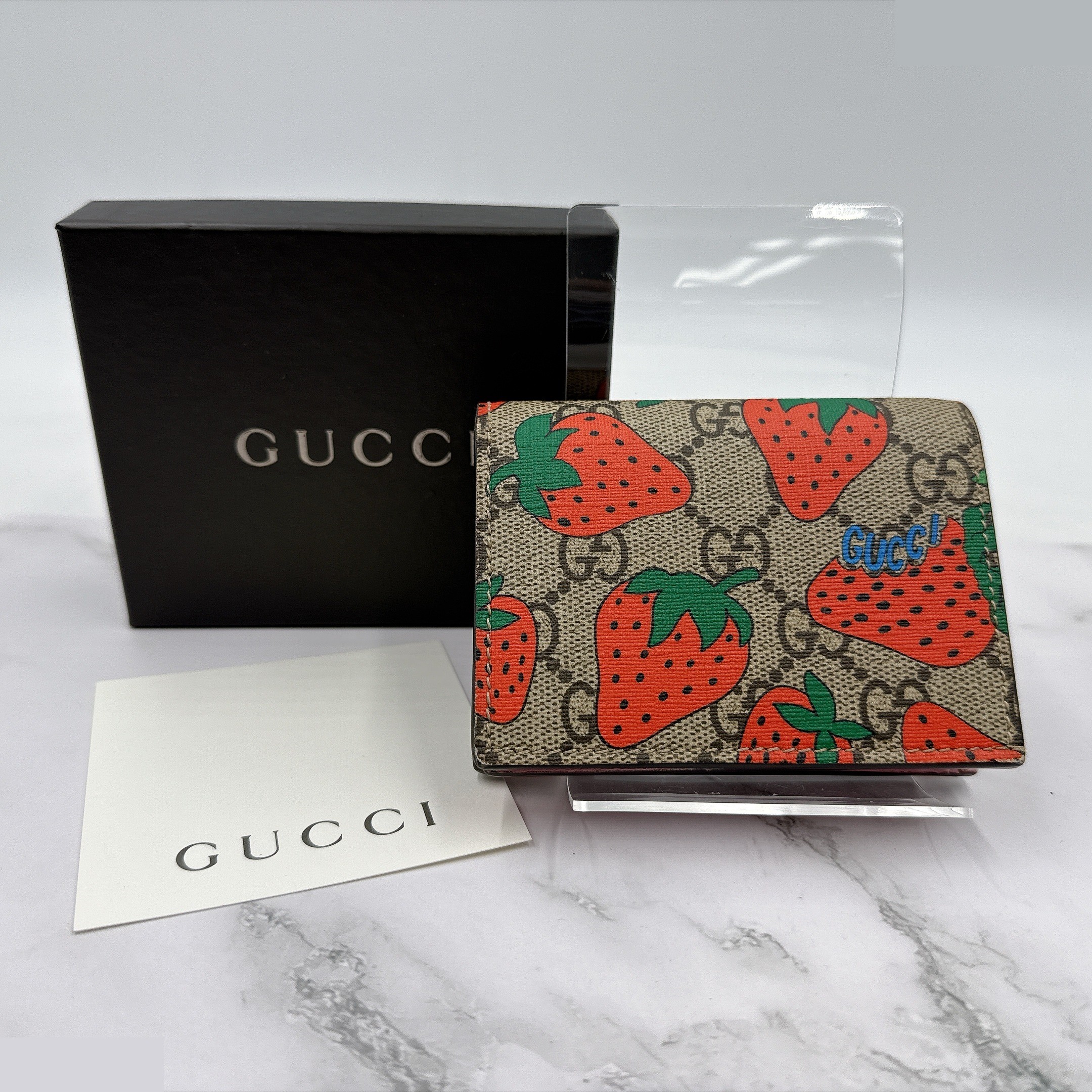 GG pattern PVC strawberry print mini wallet, compact, bi-fold.