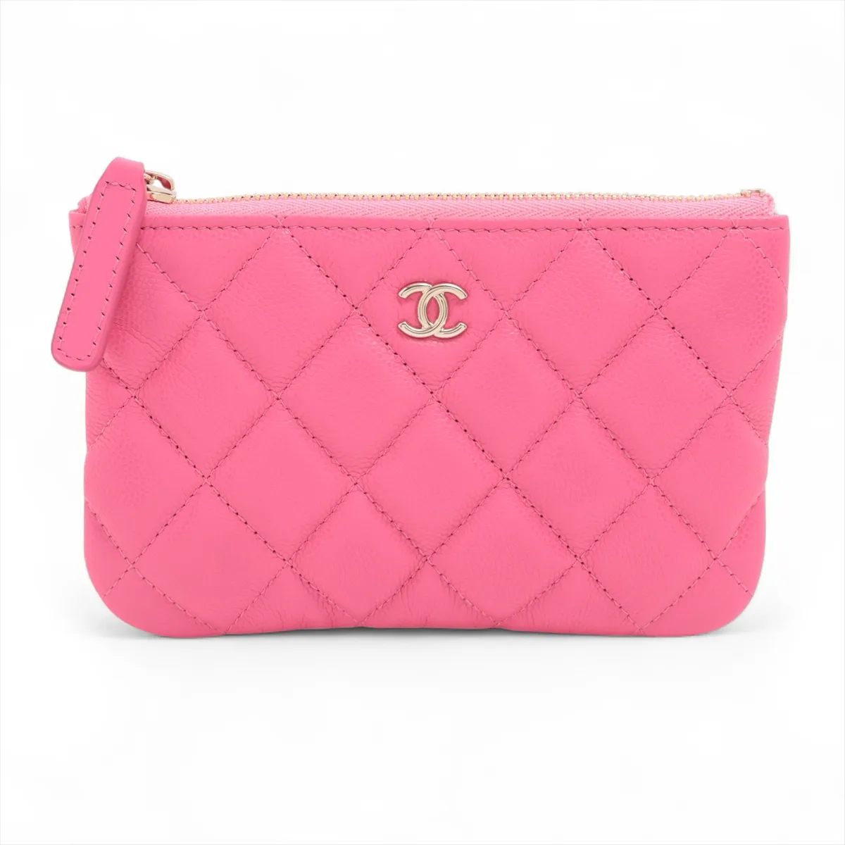Matelassé Caviar Skin Pouch, Pink with Gold Hardware, KTE2945C