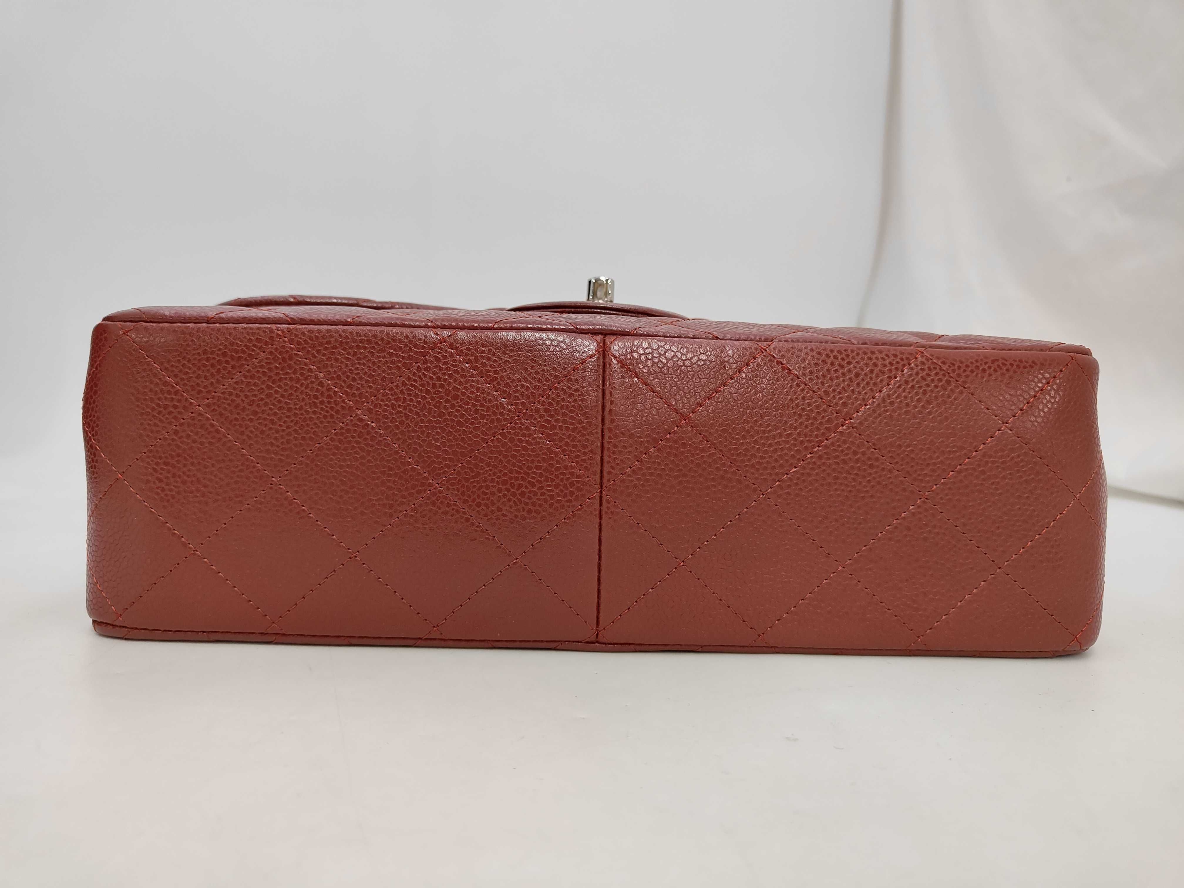 Matelassé Double Flap Chain Shoulder Bag, Caviar Leather, Red, Silver Hardware. — view 3