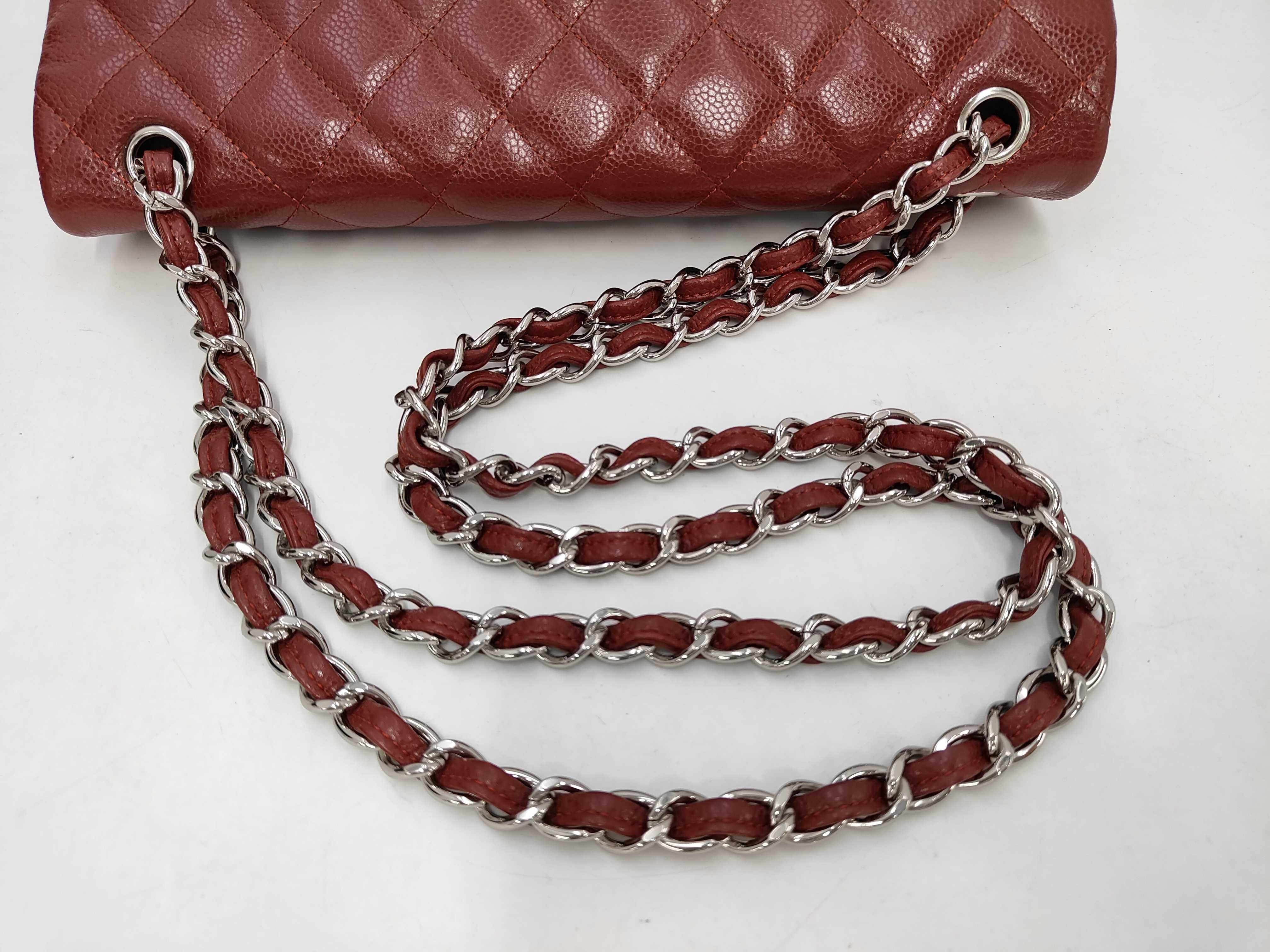 Matelassé Double Flap Chain Shoulder Bag, Caviar Leather, Red, Silver Hardware. — view 5