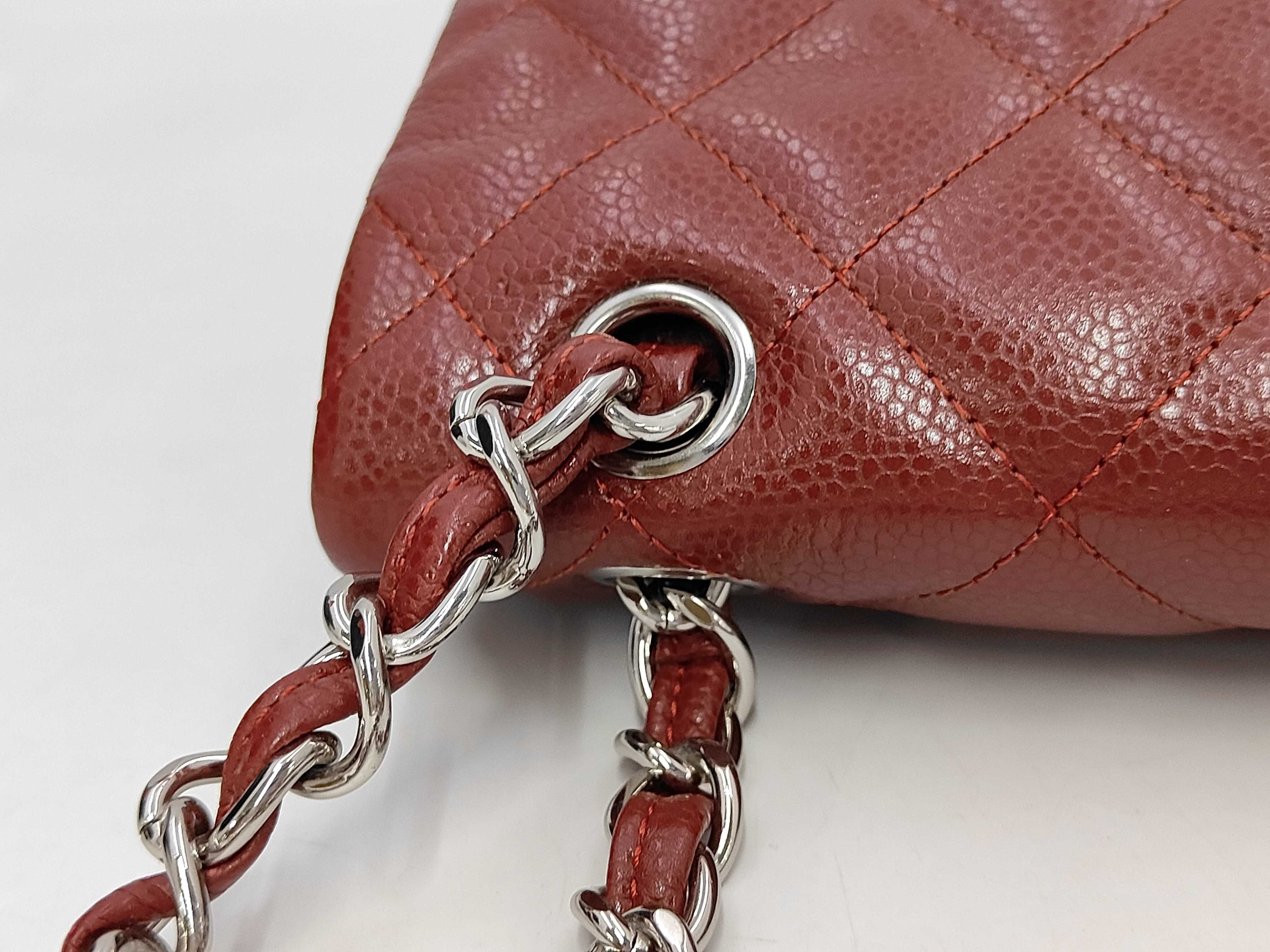 Matelassé Double Flap Chain Shoulder Bag, Caviar Leather, Red, Silver Hardware. — view 6