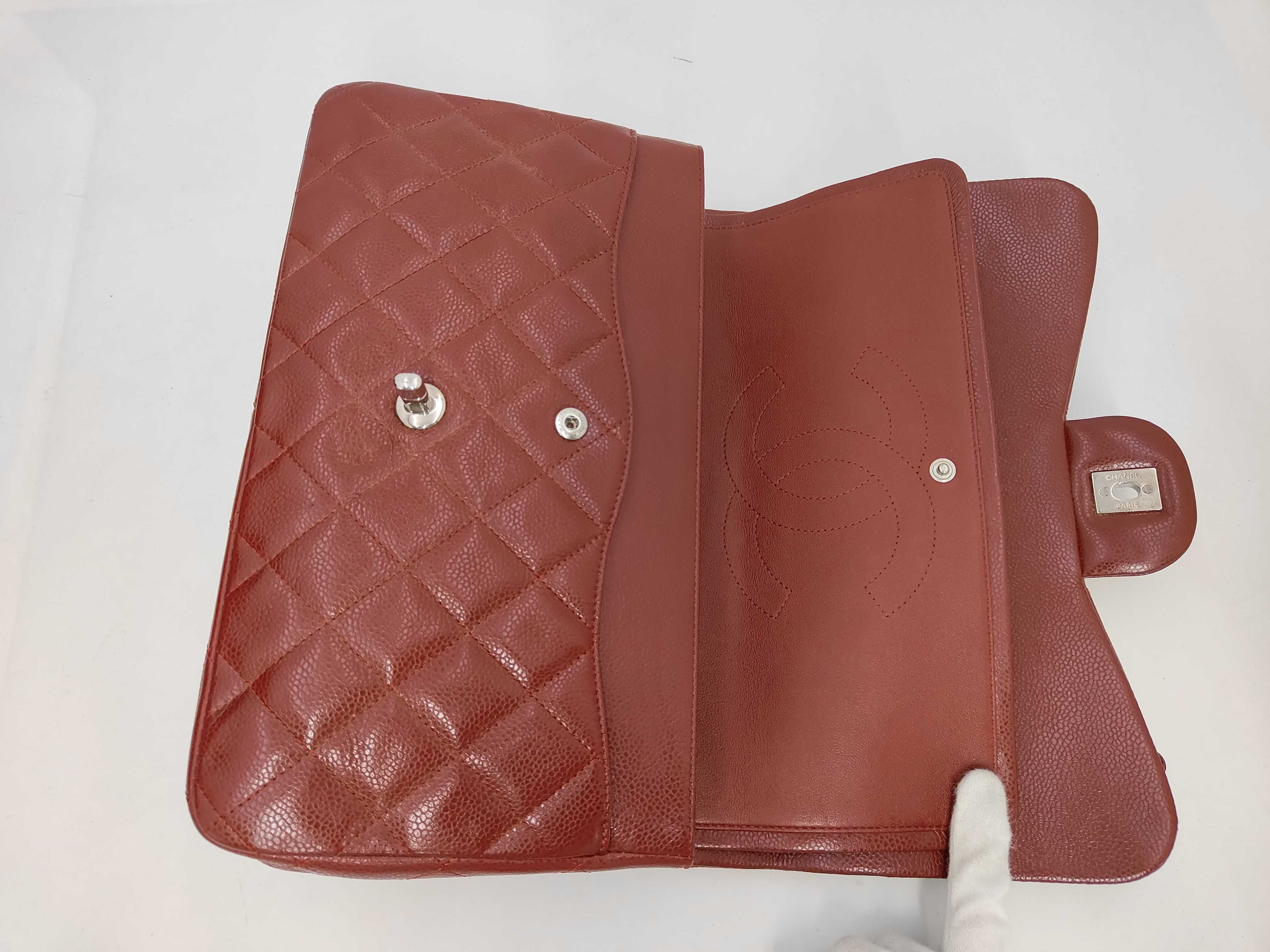 Matelassé Double Flap Chain Shoulder Bag, Caviar Leather, Red, Silver Hardware. — view 8