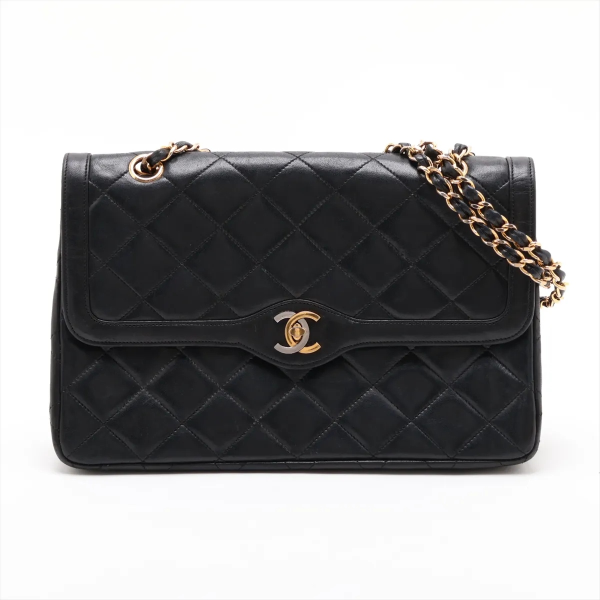 Matelassé Lambskin Double Flap Double Chain Bag, Paris Limited Edition, Black with Gold Hardware