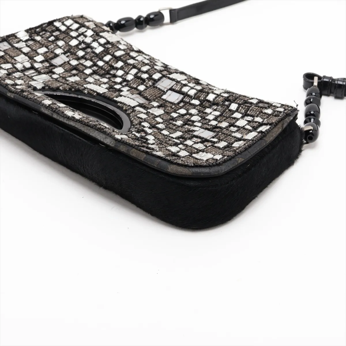Maris Pearl Calf Hair x Beaded Shoulder Bag, Black — view 3