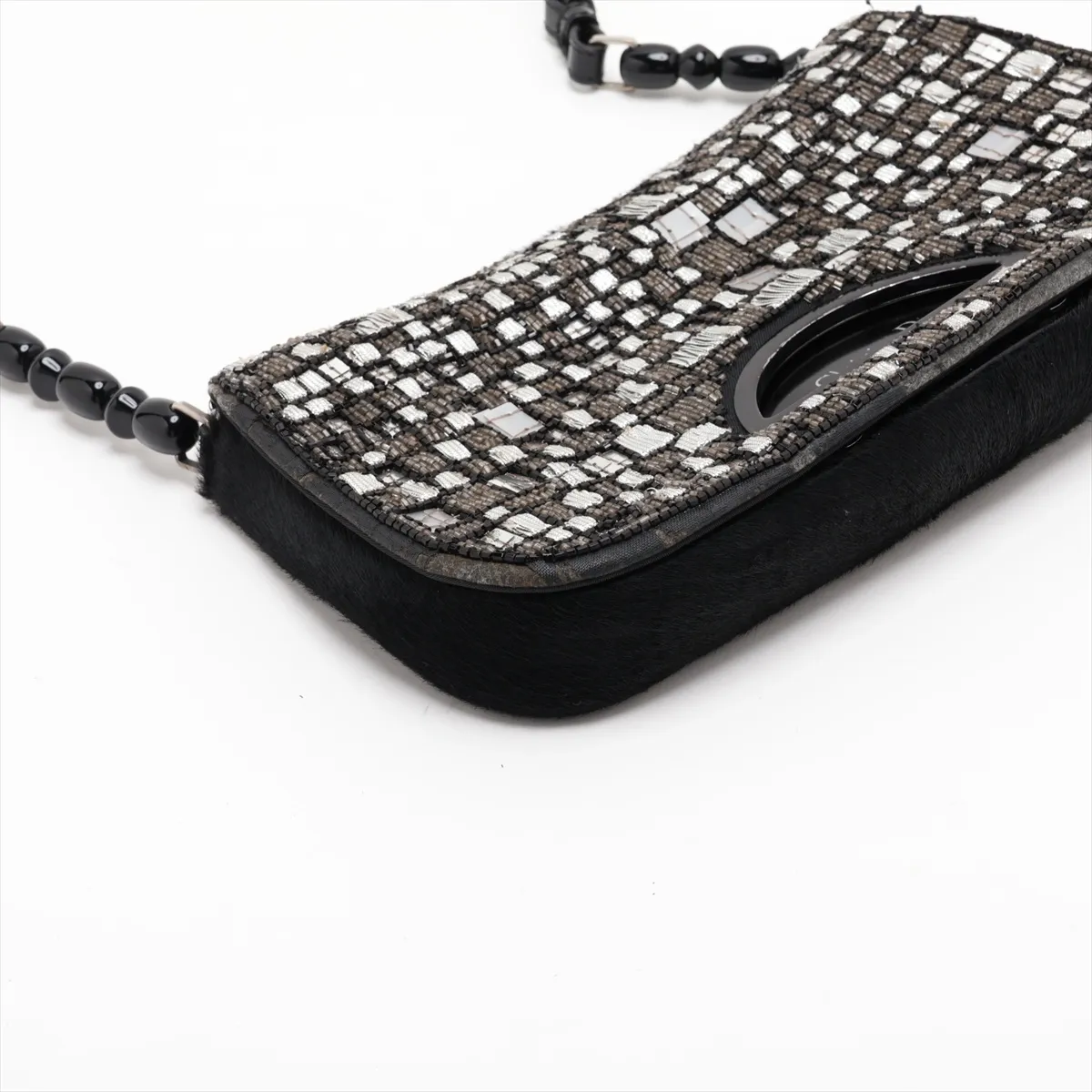 Maris Pearl Calf Hair x Beaded Shoulder Bag, Black — view 4