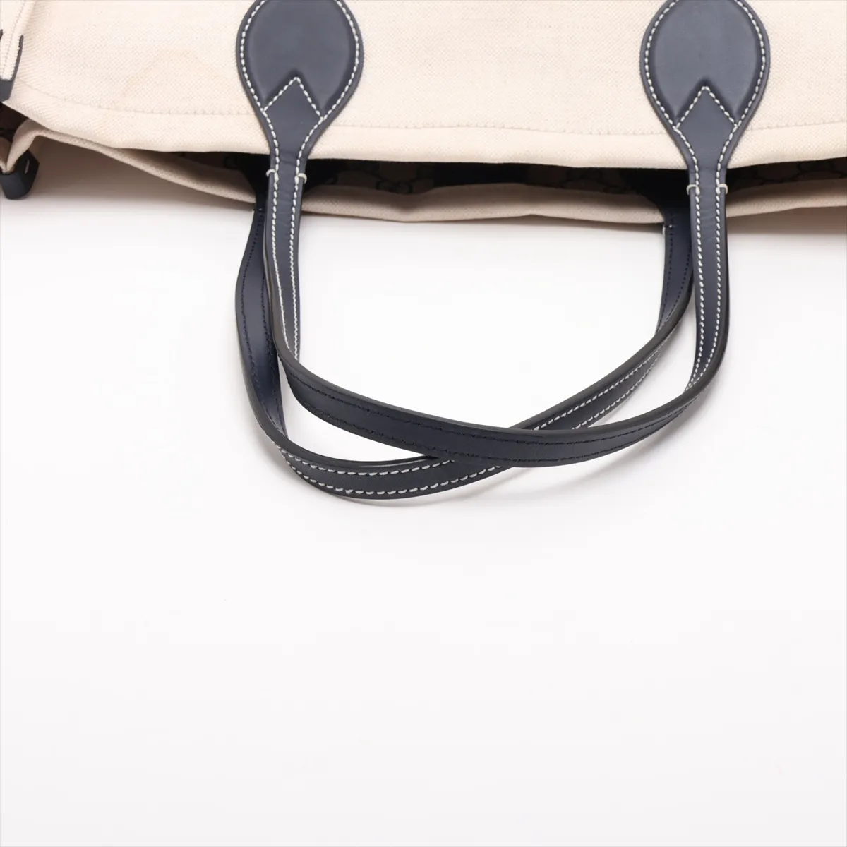 logo print 772176 canvas and leather tote bag, beige and navy. — view 5