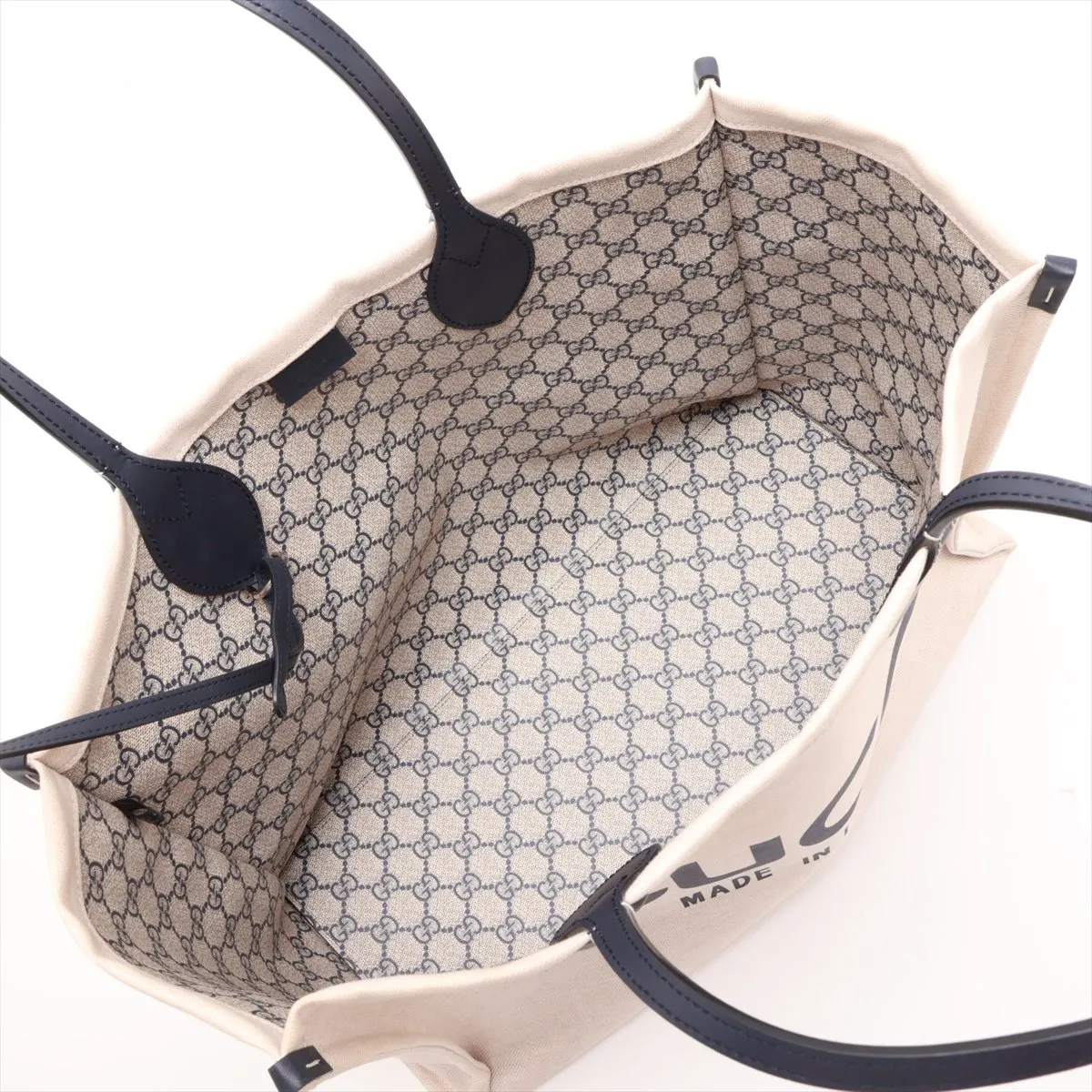 logo print 772176 canvas and leather tote bag, beige and navy. — view 7