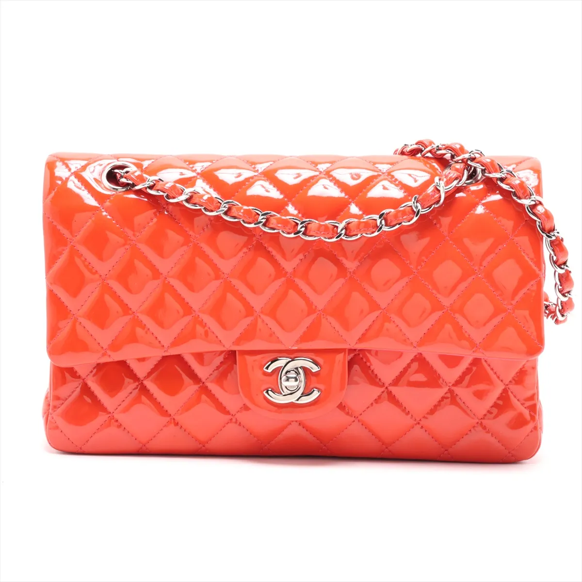 Matelassé 25 Patent Leather Double Flap Double Chain Bag, Orange, Silver Hardware, 16331745, Serial Number 16-series, A01112