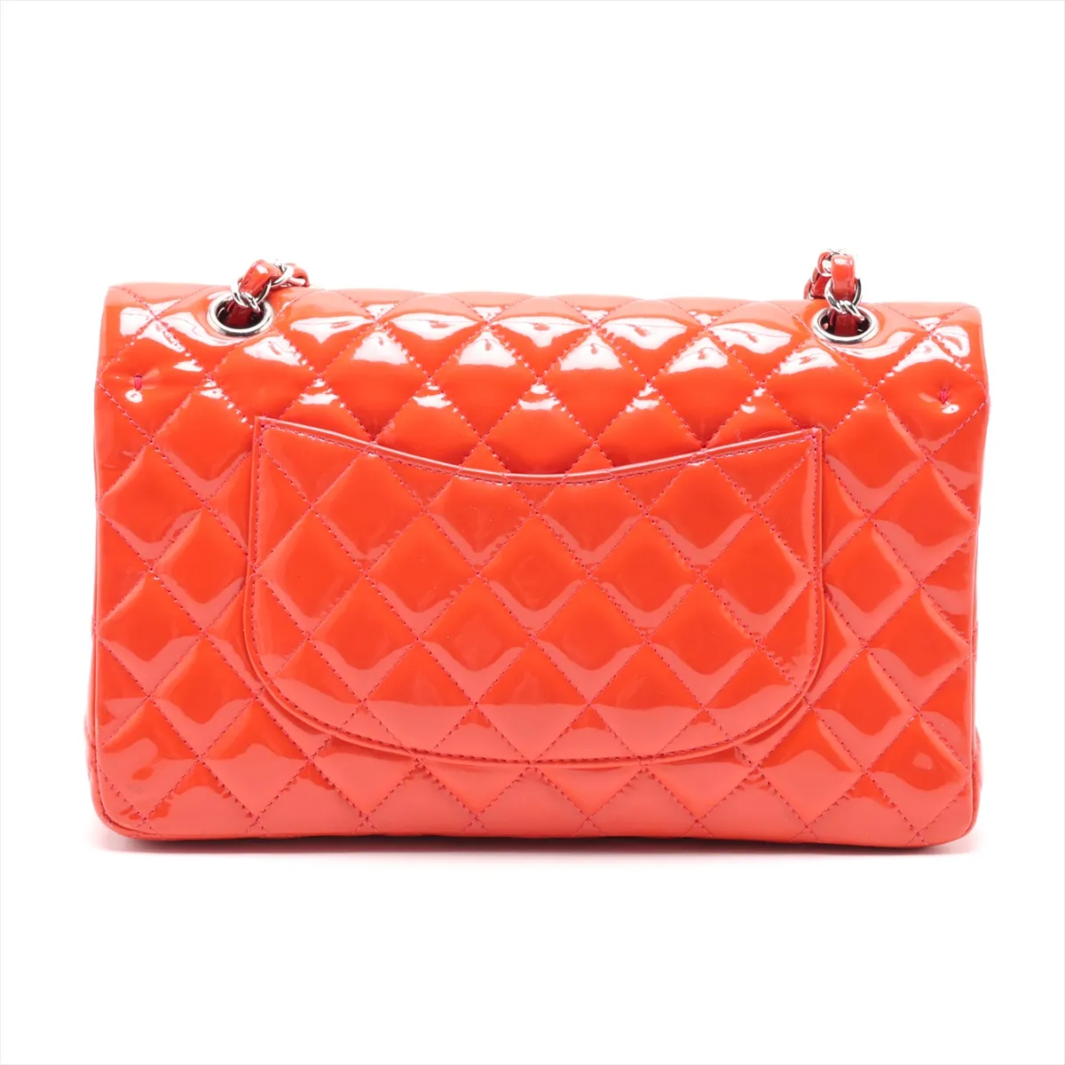 Matelassé 25 Patent Leather Double Flap Double Chain Bag, Orange, Silver Hardware, 16331745, Serial Number 16-series, A01112 — view 2