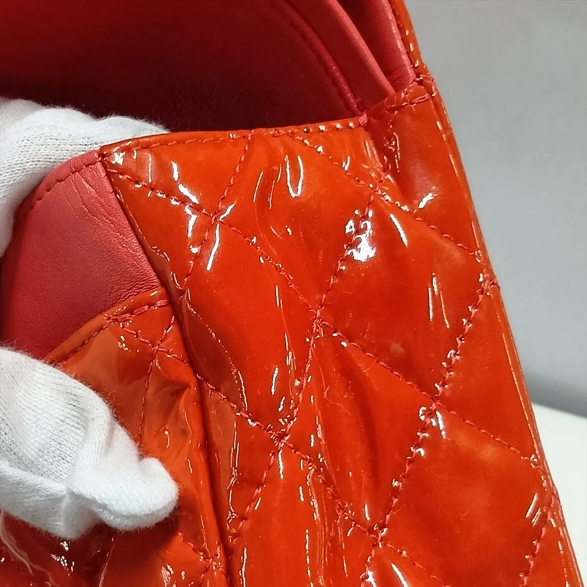 Matelassé 25 Patent Leather Double Flap Double Chain Bag, Orange, Silver Hardware, 16331745, Serial Number 16-series, A01112 — view 14