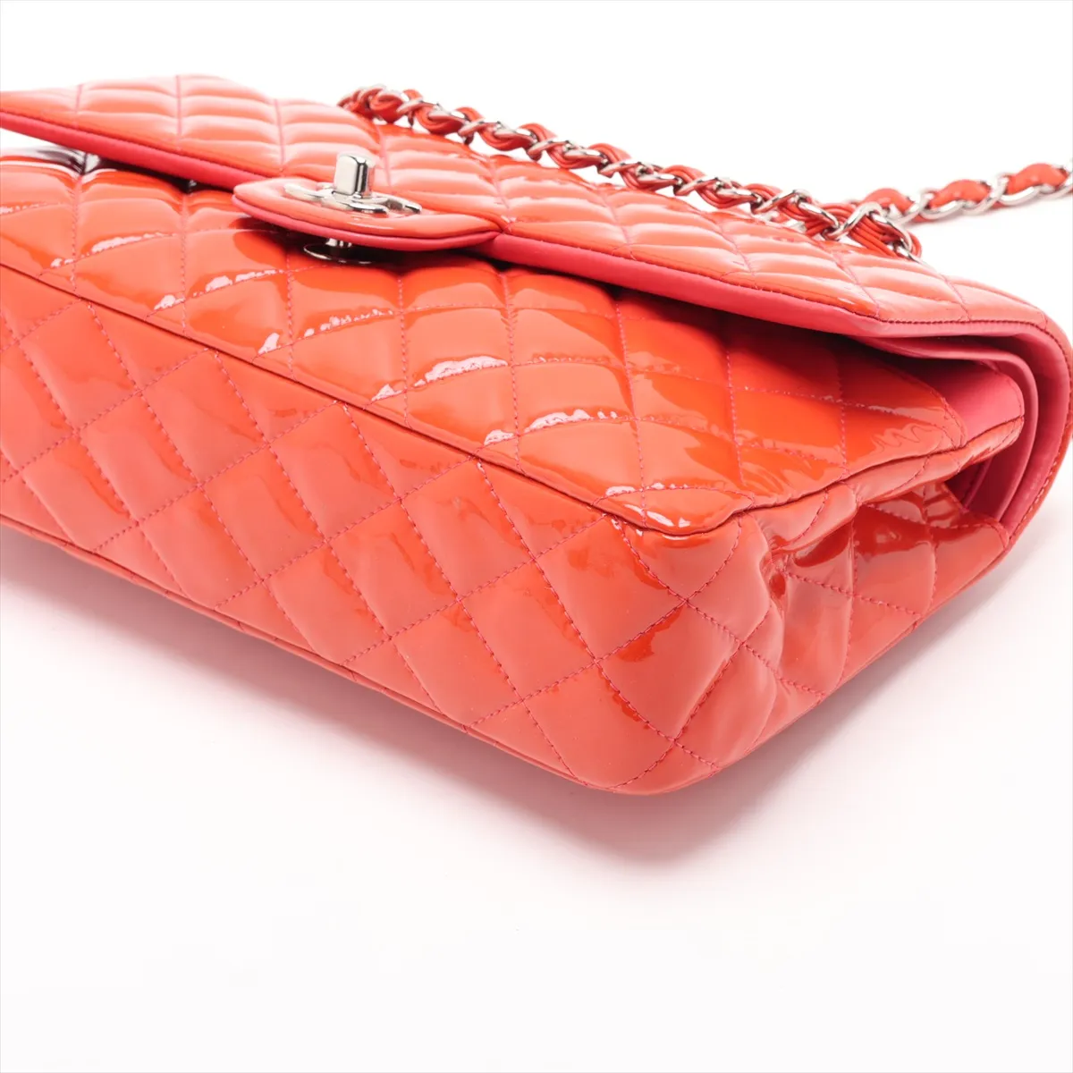 Matelassé 25 Patent Leather Double Flap Double Chain Bag, Orange, Silver Hardware, 16331745, Serial Number 16-series, A01112 — view 3