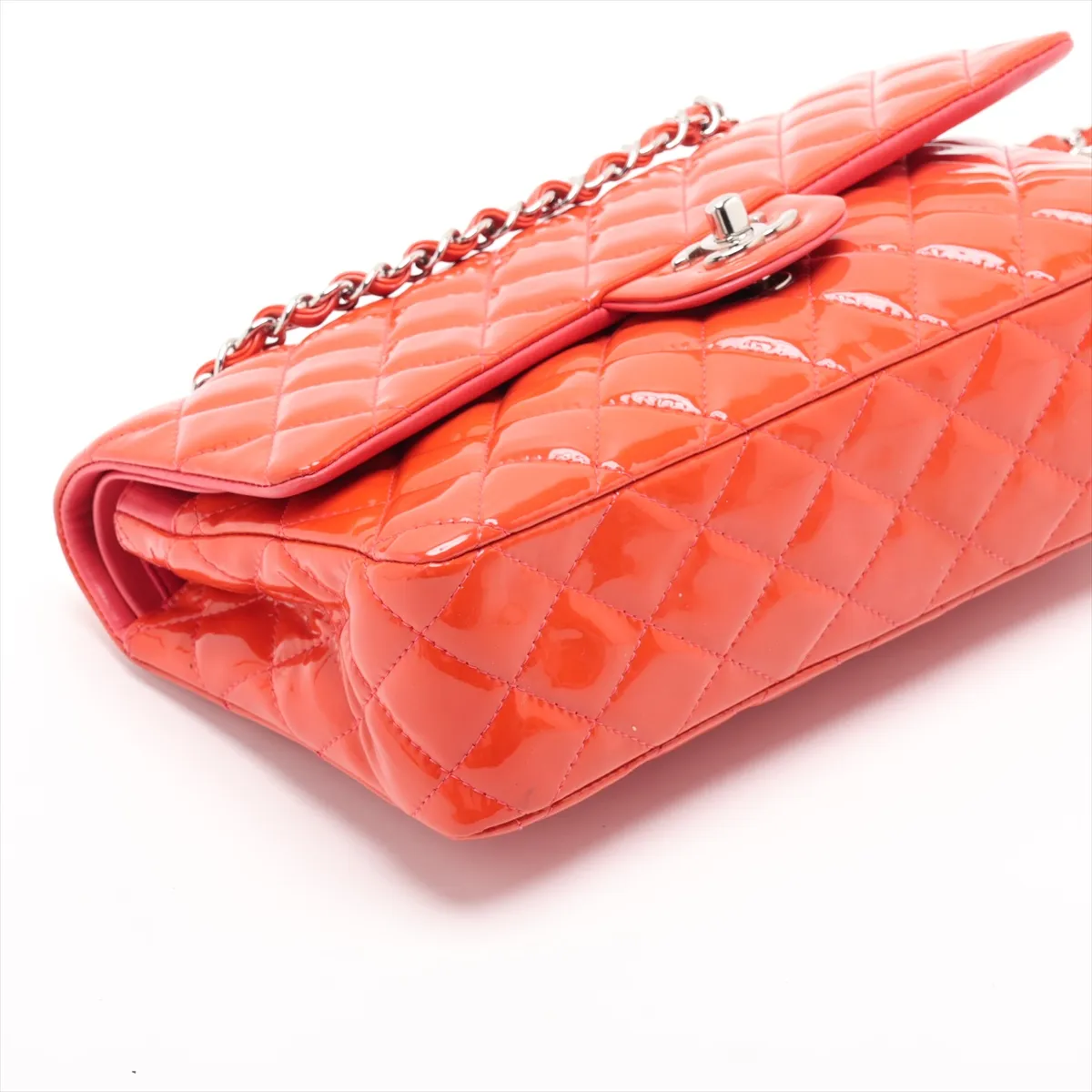 Matelassé 25 Patent Leather Double Flap Double Chain Bag, Orange, Silver Hardware, 16331745, Serial Number 16-series, A01112 — view 4