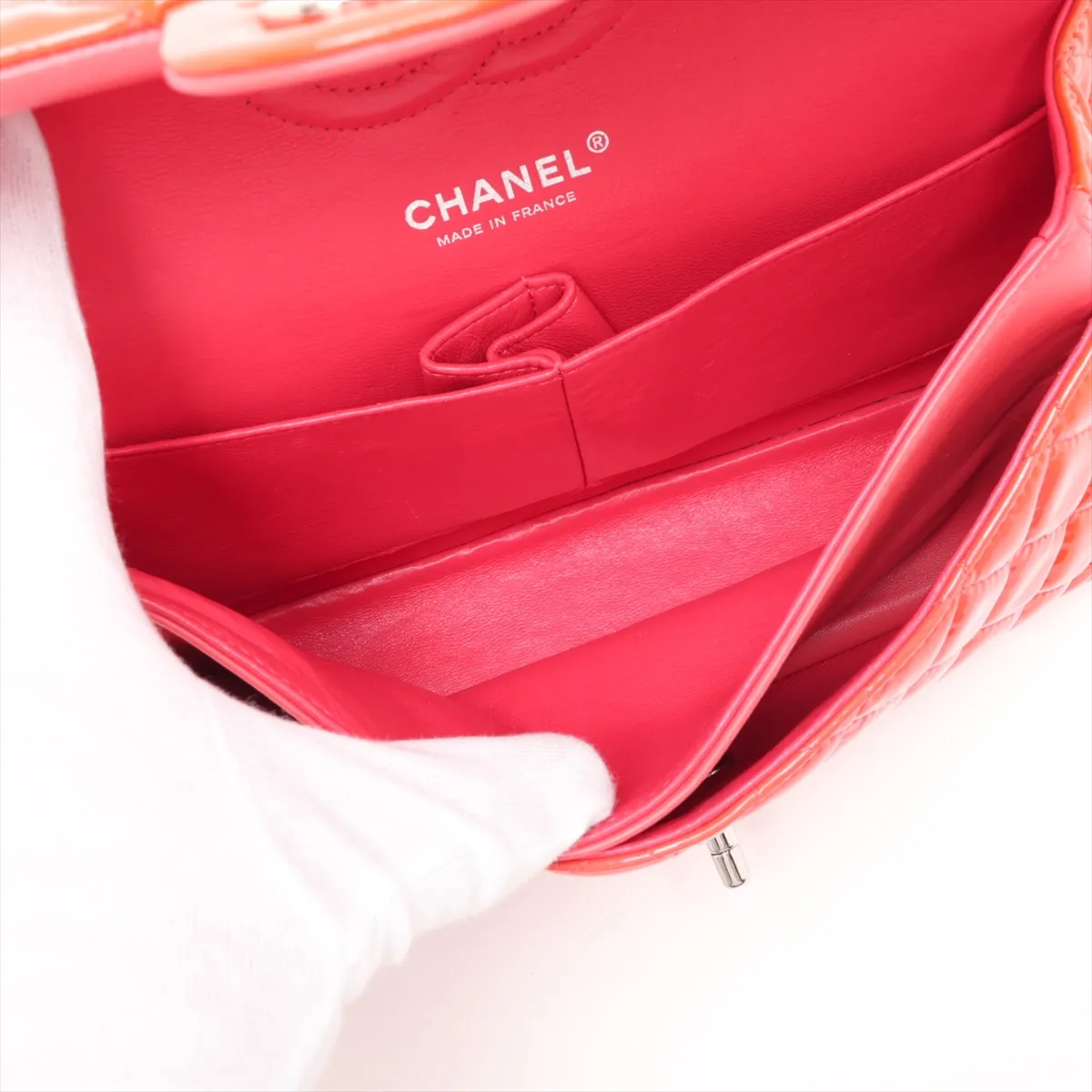Matelassé 25 Patent Leather Double Flap Double Chain Bag, Orange, Silver Hardware, 16331745, Serial Number 16-series, A01112 — view 6