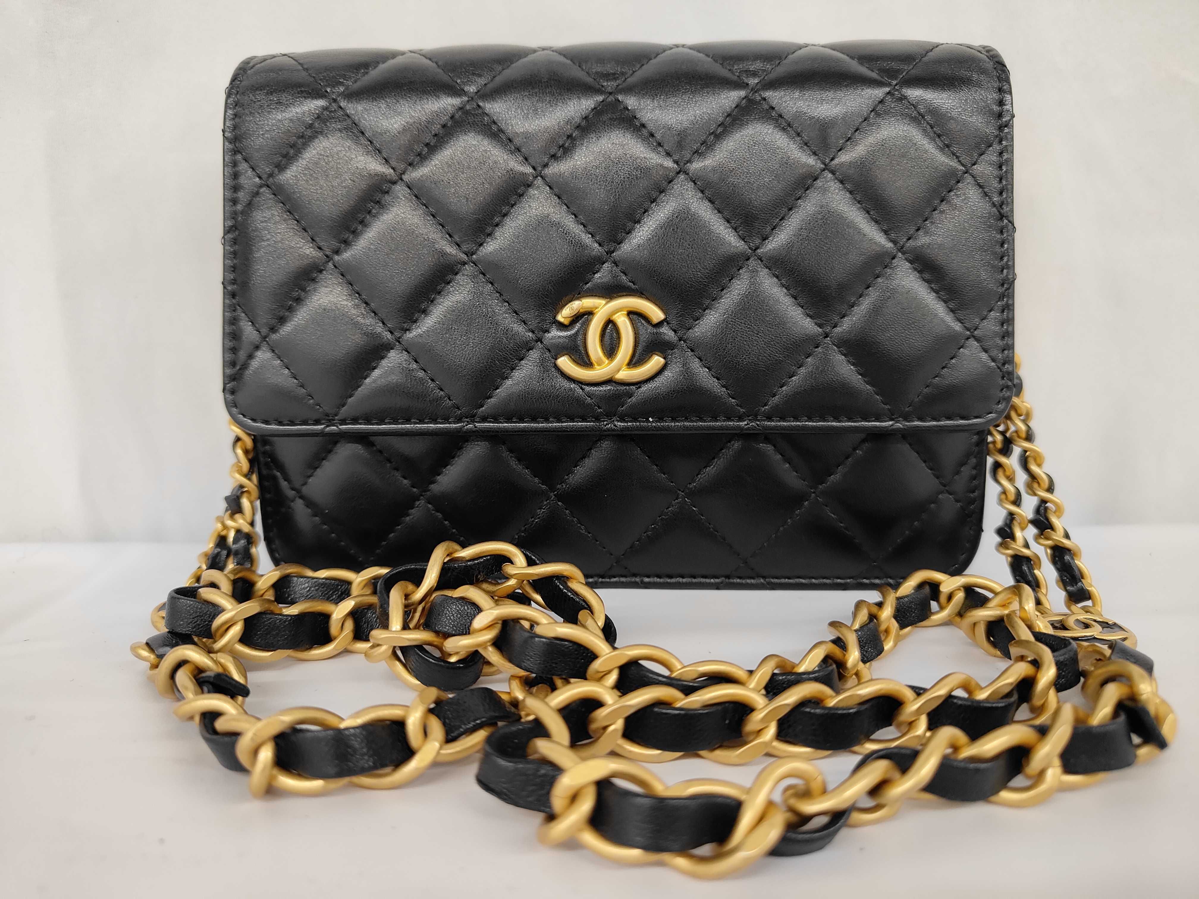 Matelassé Chain Wallet, Black Lambskin, Camellia Charm, Gold Hardware, Shoulder Bag