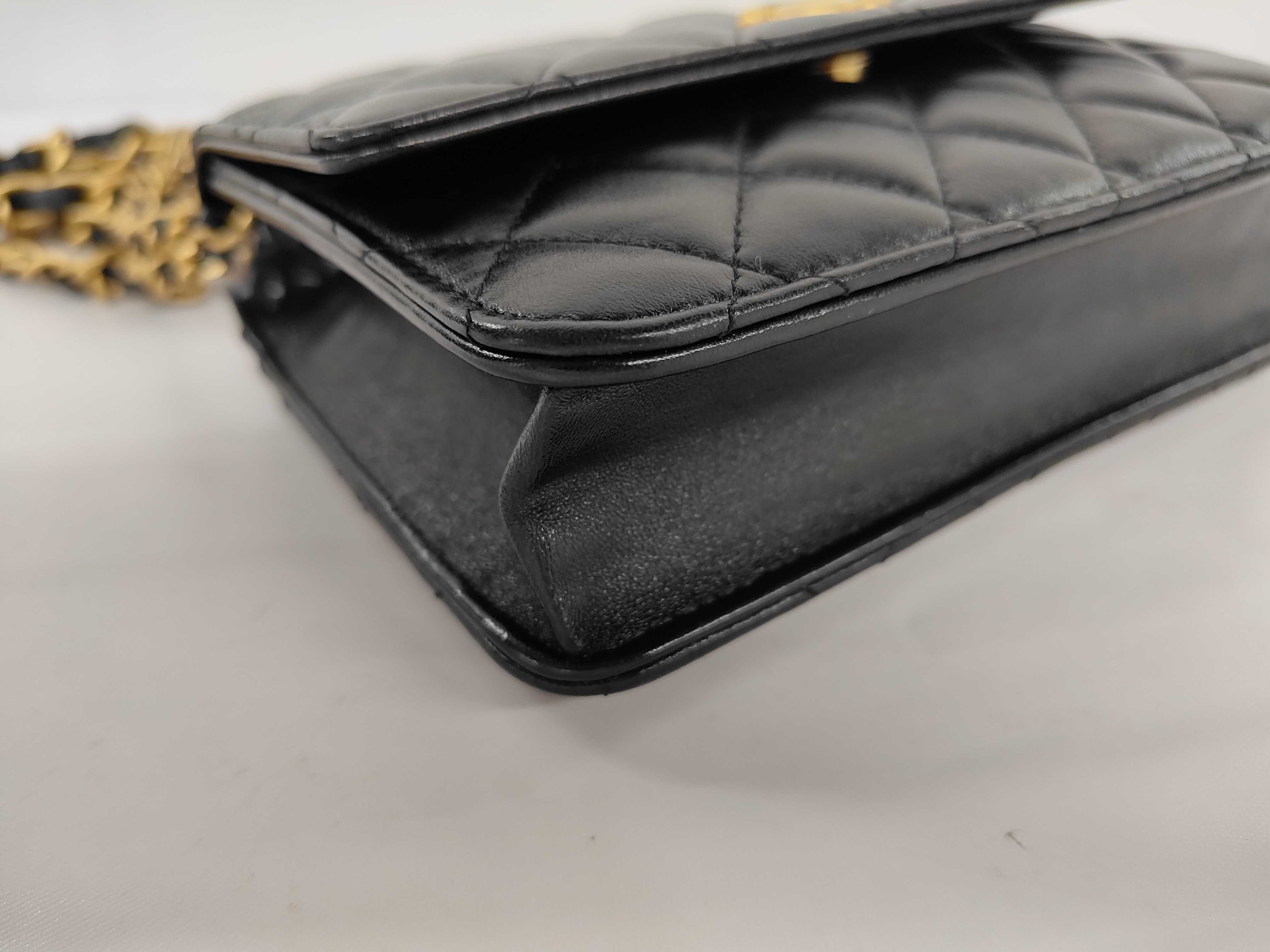 Matelassé Chain Wallet, Black Lambskin, Camellia Charm, Gold Hardware, Shoulder Bag — view 7
