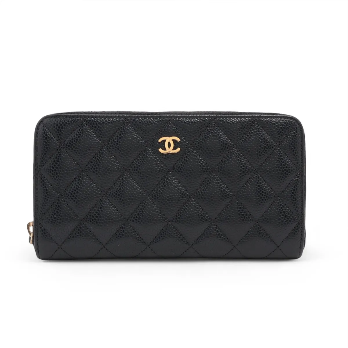 Matelasse Caviar Skin Round Zip Wallet Black Gold Hardware 21091748 Seal Black Light No Reaction