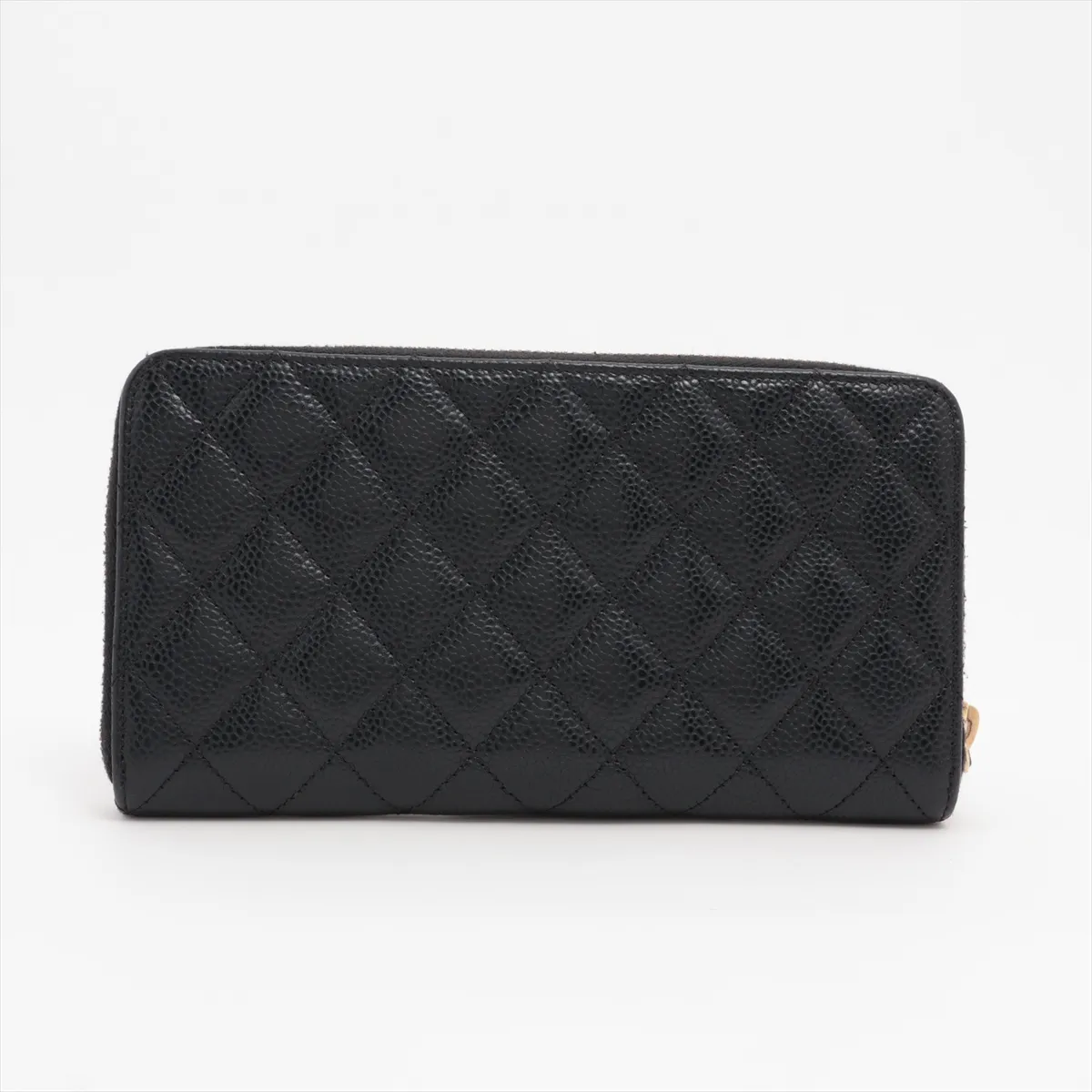 Matelasse Caviar Skin Round Zip Wallet Black Gold Hardware 21091748 Seal Black Light No Reaction — view 2