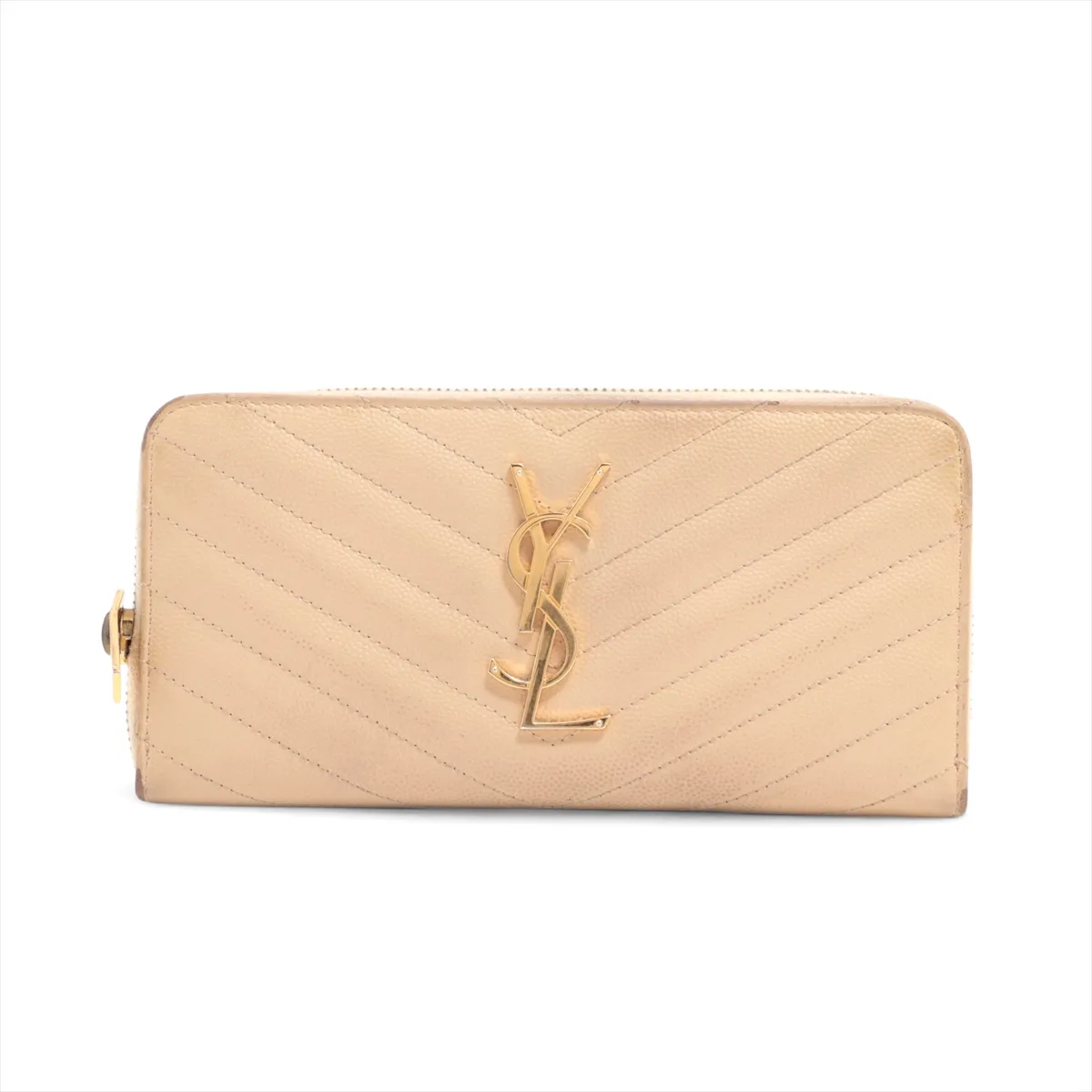 V Stitch HPP358094 Leather Round Zip Wallet Beige