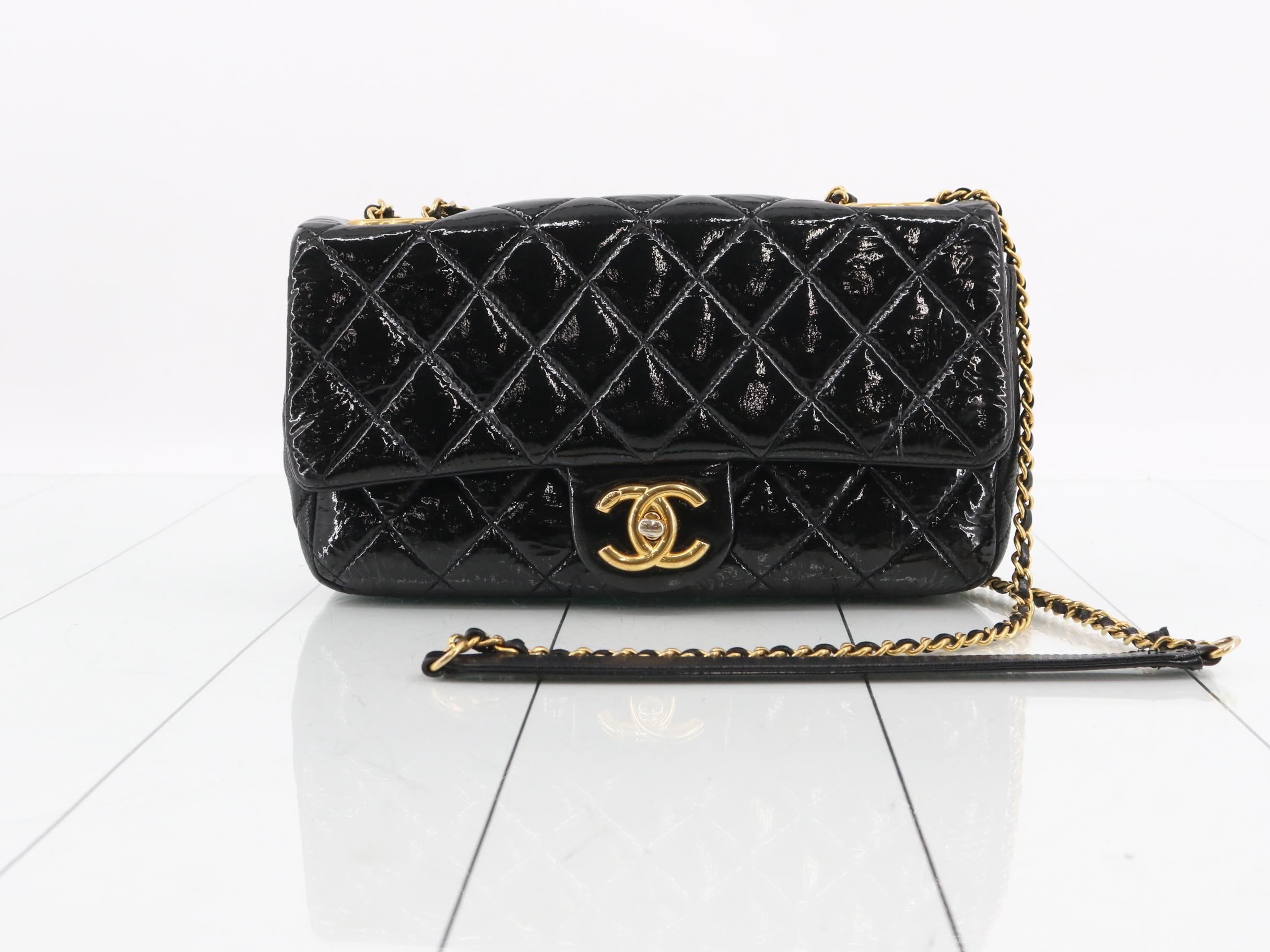 Matelassé Double Chain Shoulder Bag, Patent Calfskin, Black, Gold Hardware
