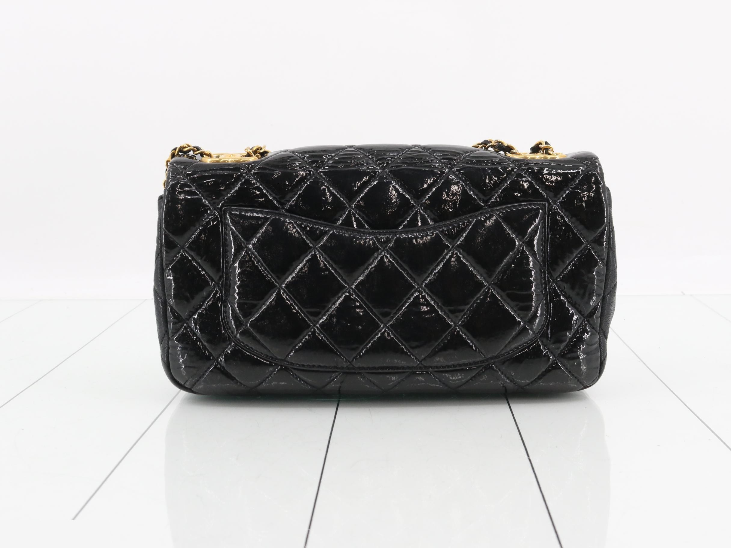 Matelassé Double Chain Shoulder Bag, Patent Calfskin, Black, Gold Hardware — view 2