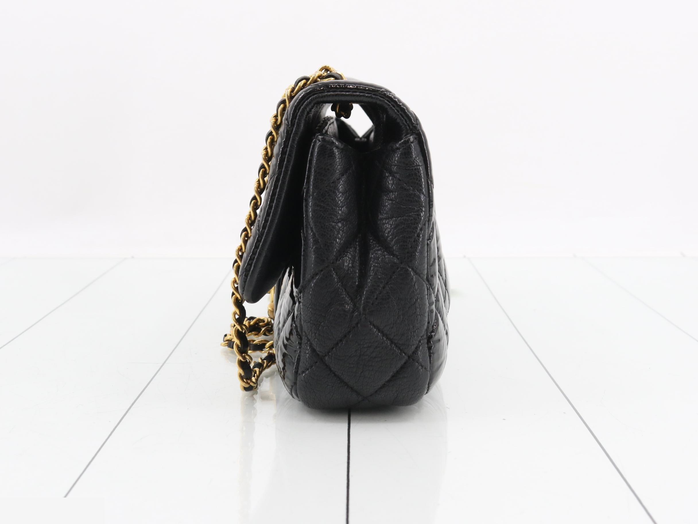 Matelassé Double Chain Shoulder Bag, Patent Calfskin, Black, Gold Hardware — view 3