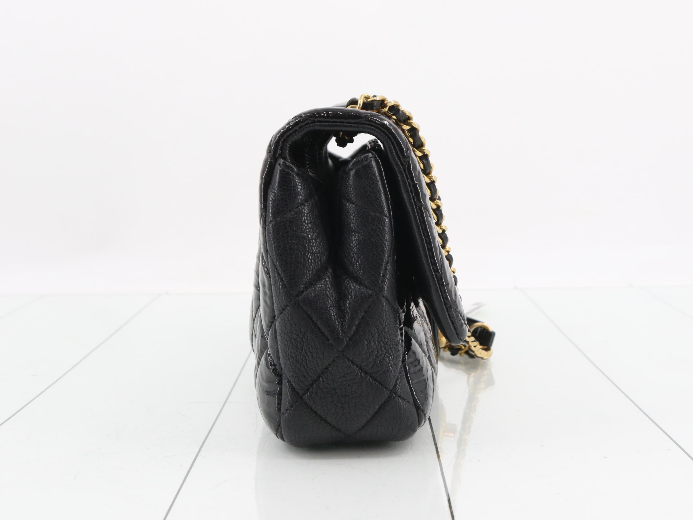Matelassé Double Chain Shoulder Bag, Patent Calfskin, Black, Gold Hardware — view 4