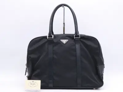 Nylon Triangle Logo Black Boston Bag with Silver Hardware and Card