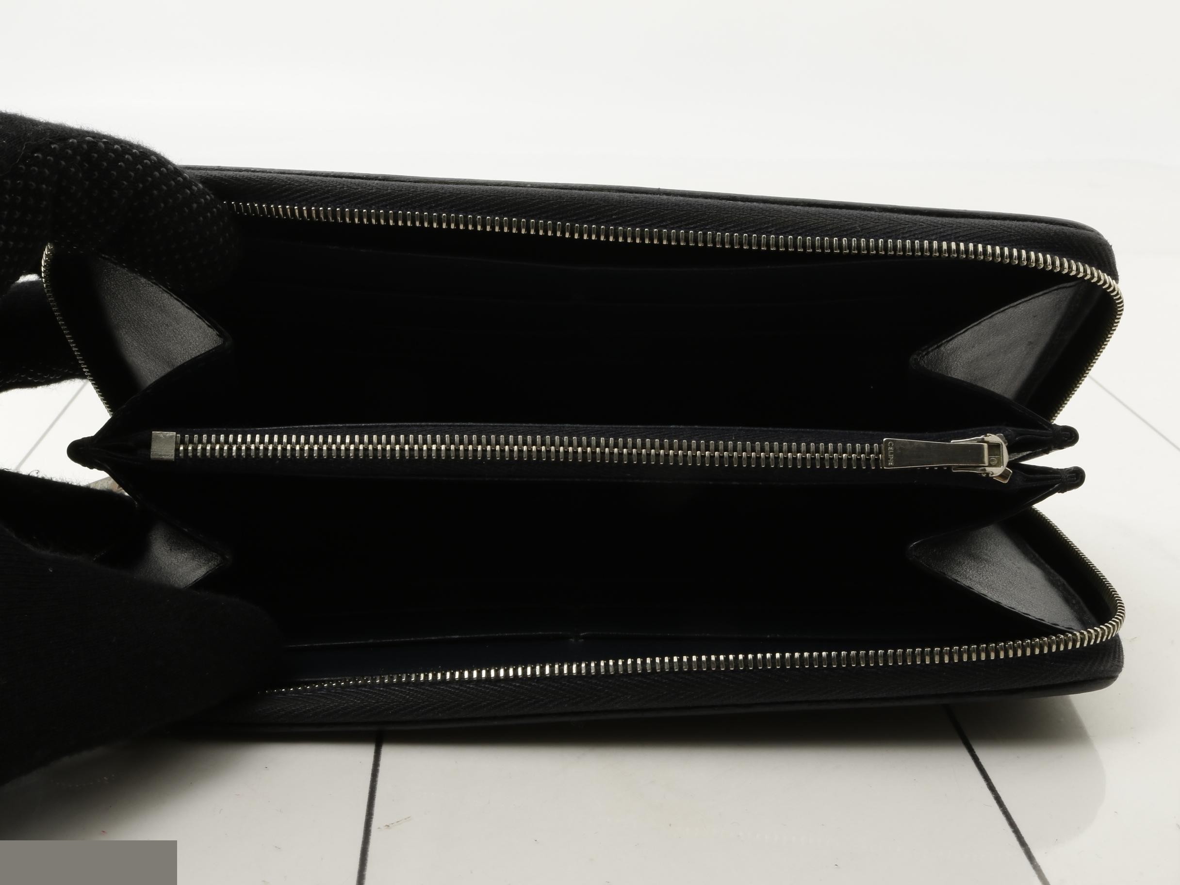 Embossed leather round zipper long wallet, dark navy, silver hardware — view 4