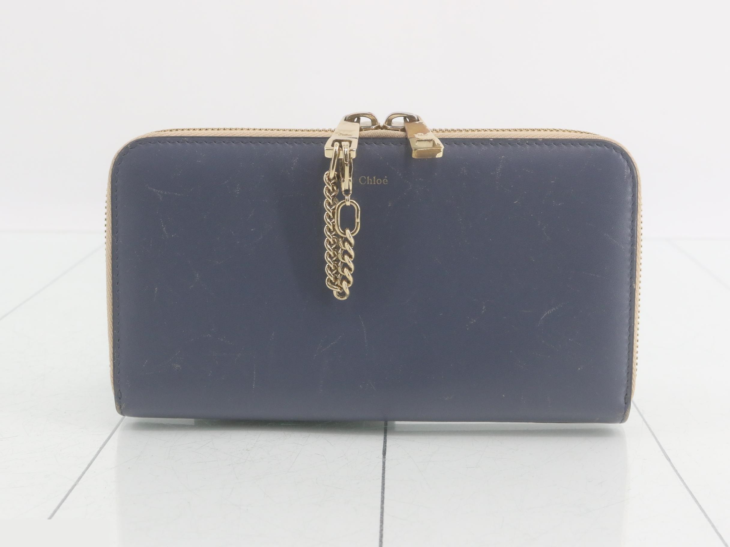 Round zipper long wallet, blue, leather