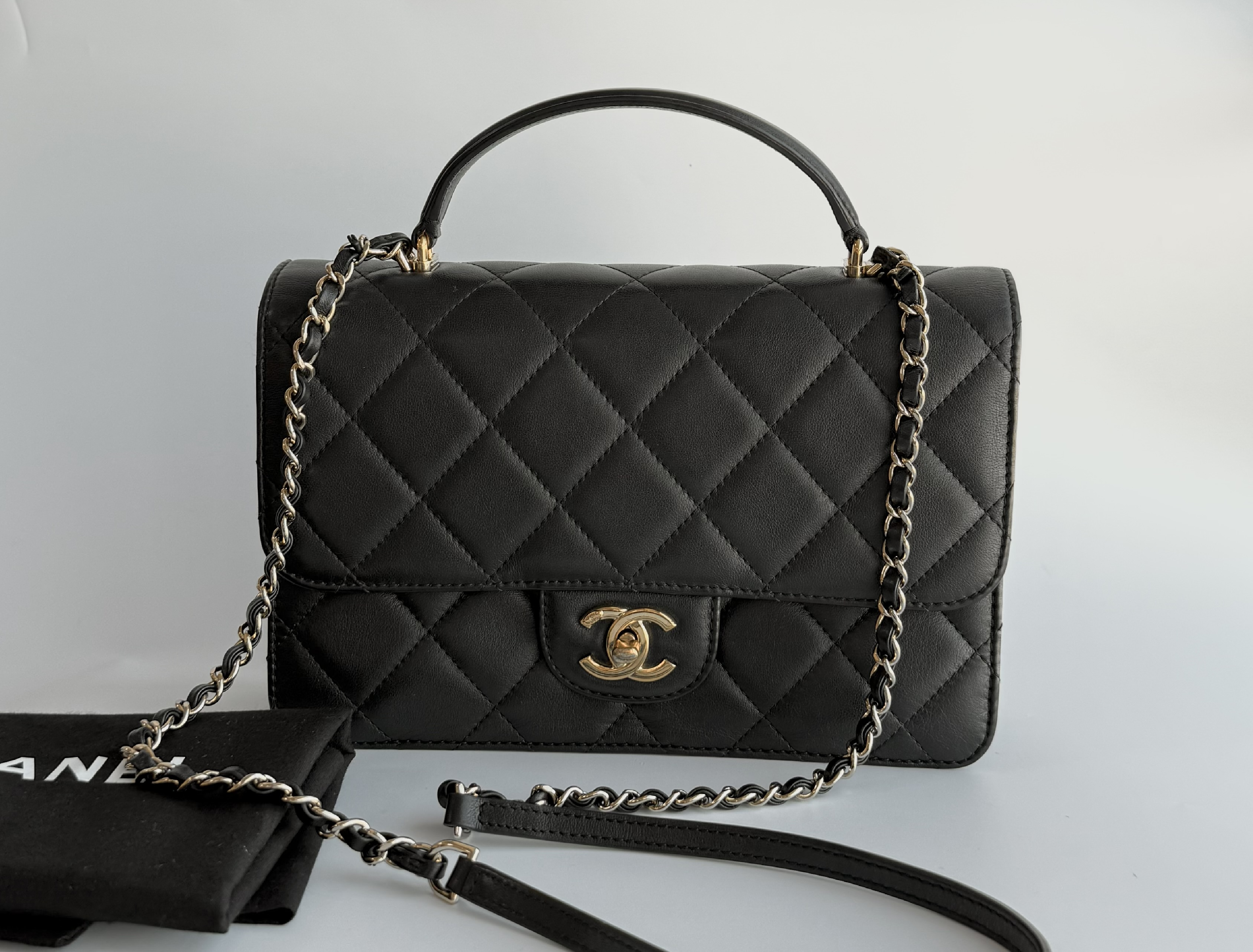 Top Handle Matelassé Chain Shoulder Bag, Black with Gold Hardware