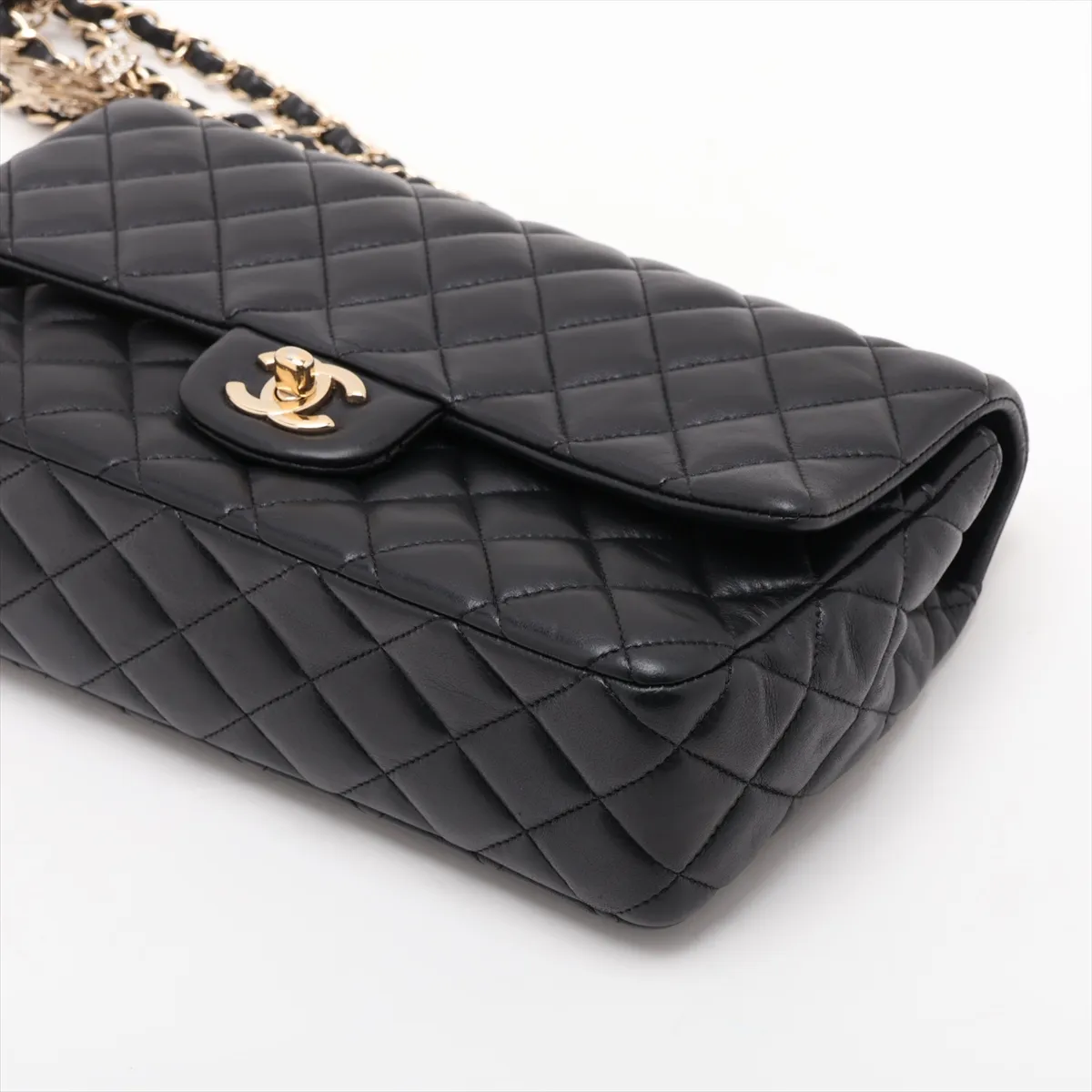 Matelassé Lambskin Single Flap Double Chain Bag, Camellia Design, Black with Gold Hardware, 19284509, Serial Number 19 — view 3