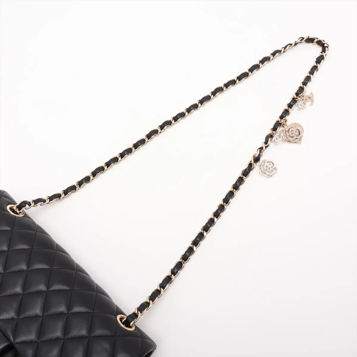 Matelassé Lambskin Single Flap Double Chain Bag, Camellia Design, Black with Gold Hardware, 19284509, Serial Number 19 — view 5