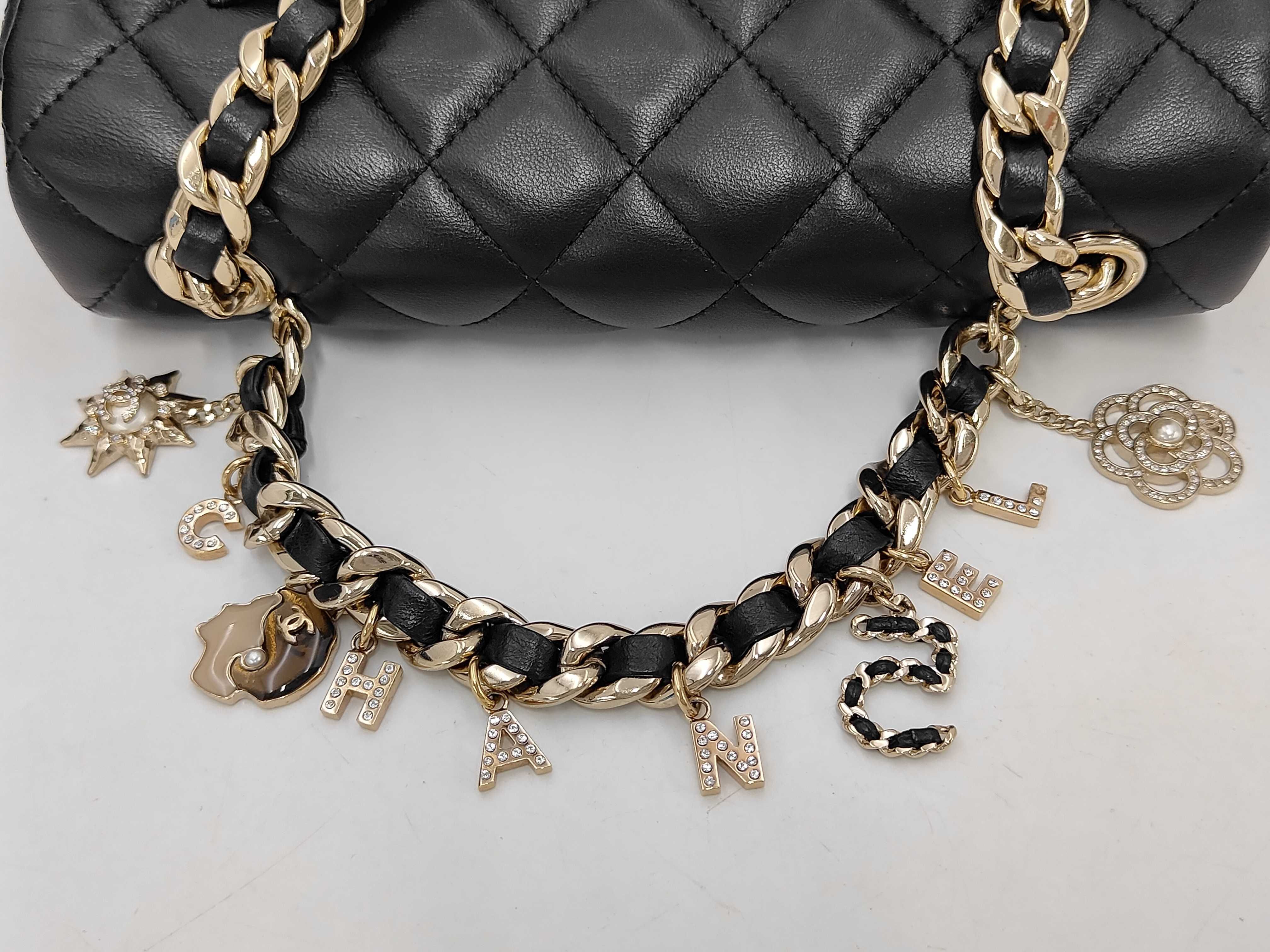 Matelassé Chain Shoulder Bag with Charm, Lambskin, Black, Gold Hardware — view 11