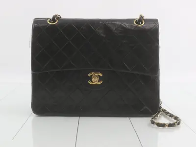 Matelassé Chain Shoulder Bag, Black Lambskin