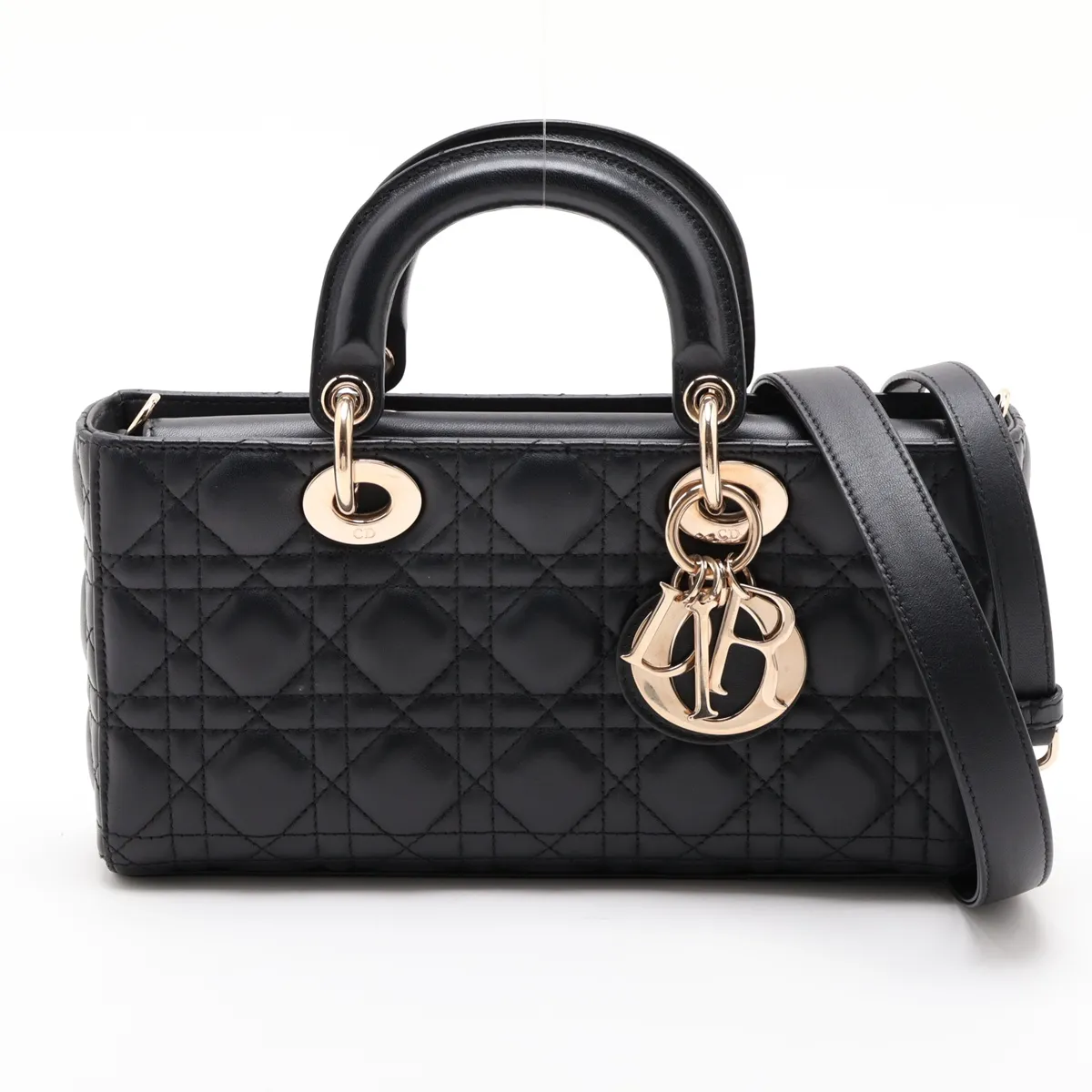 Cannage Lady D-Joy Leather 2-Way Handbag, Black