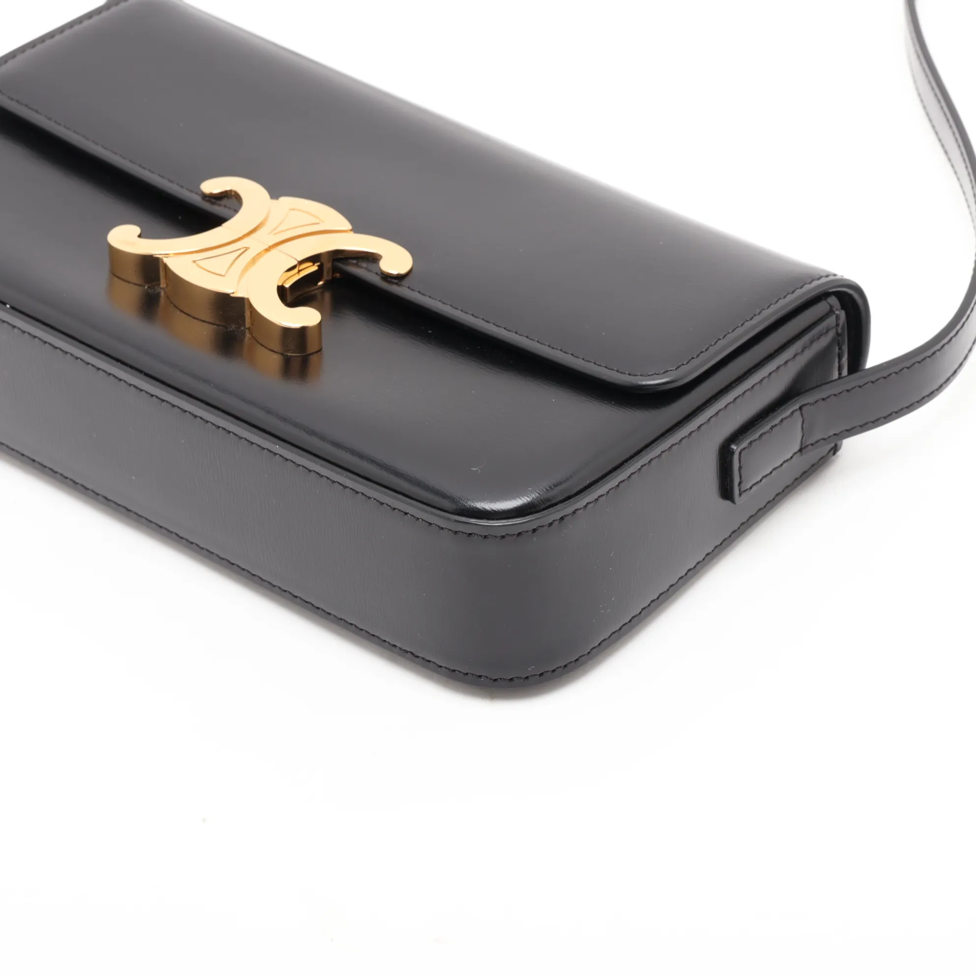 Triomphe Claude Leather Shoulder Bag, Black — view 3