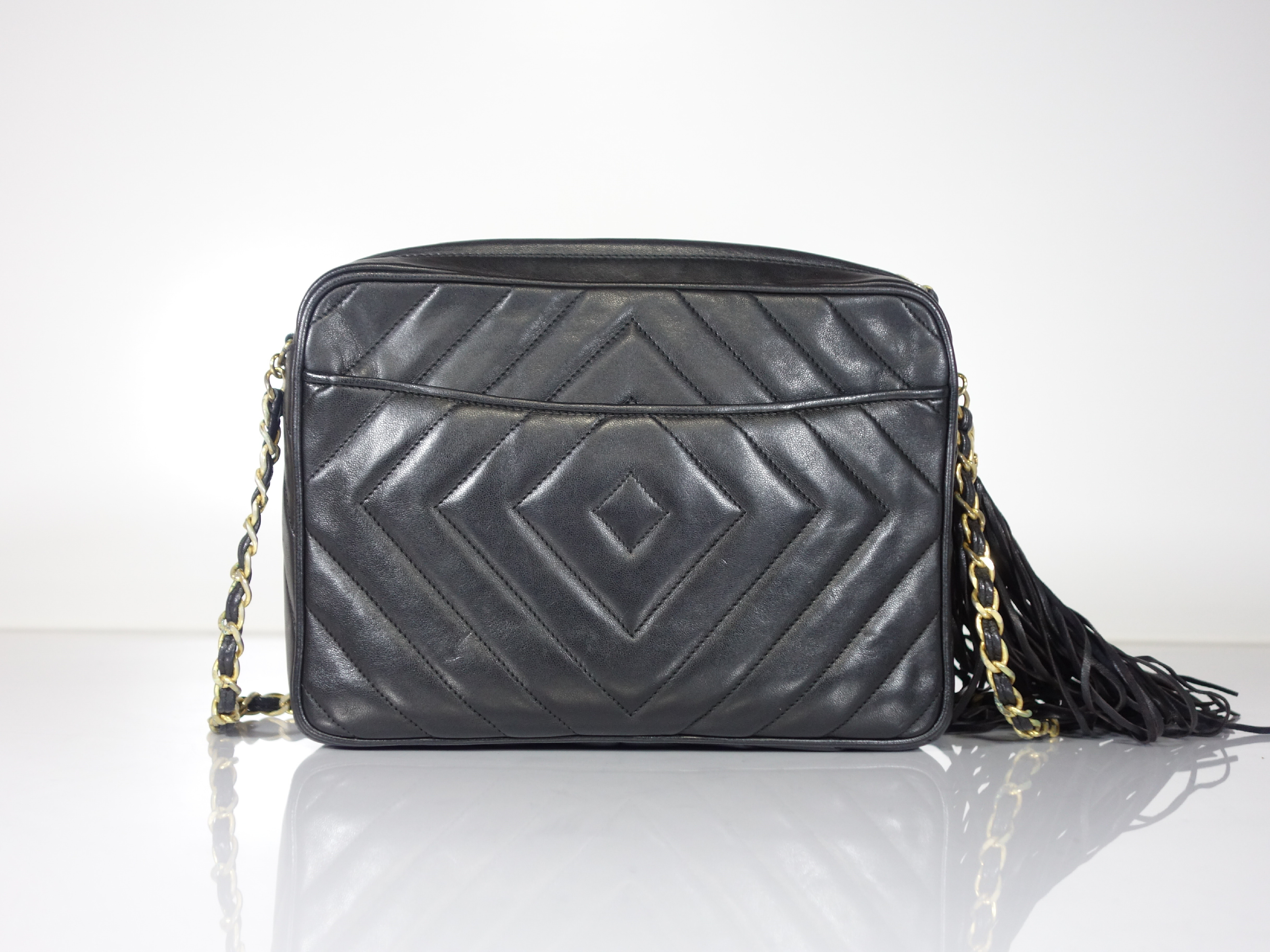 Lambskin Chain Shoulder Bag, Black — view 3