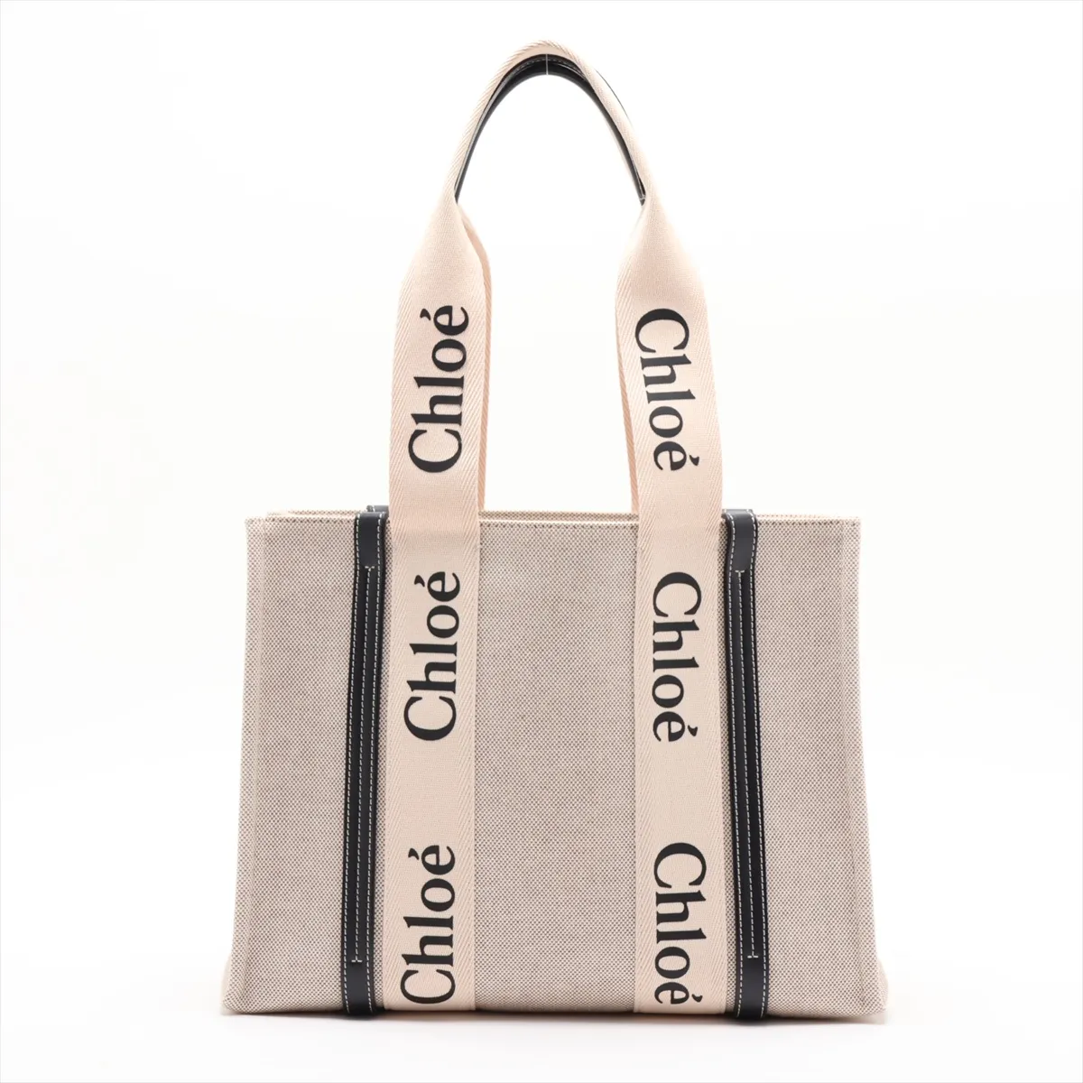 Woody Medium Canvas x Leather Tote Bag, Beige x Navy