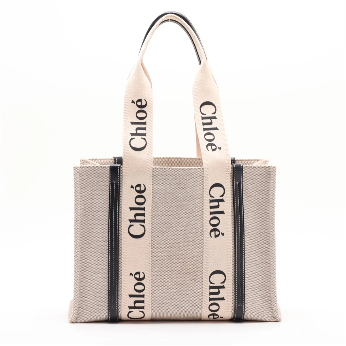Woody Medium Canvas x Leather Tote Bag, Beige x Navy — view 2