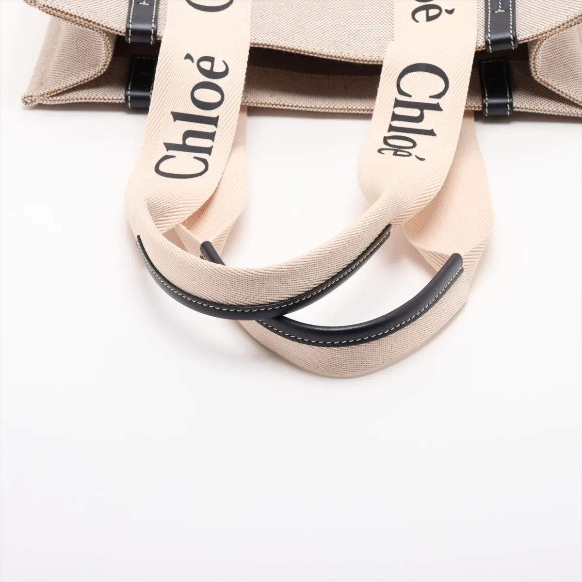 Woody Medium Canvas x Leather Tote Bag, Beige x Navy — view 5