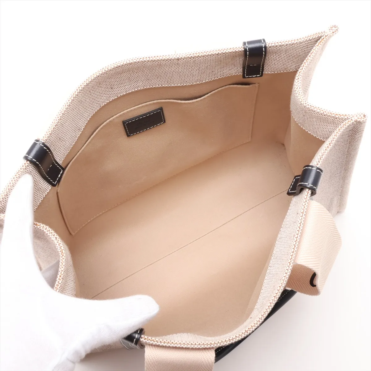 Woody Medium Canvas x Leather Tote Bag, Beige x Navy — view 7